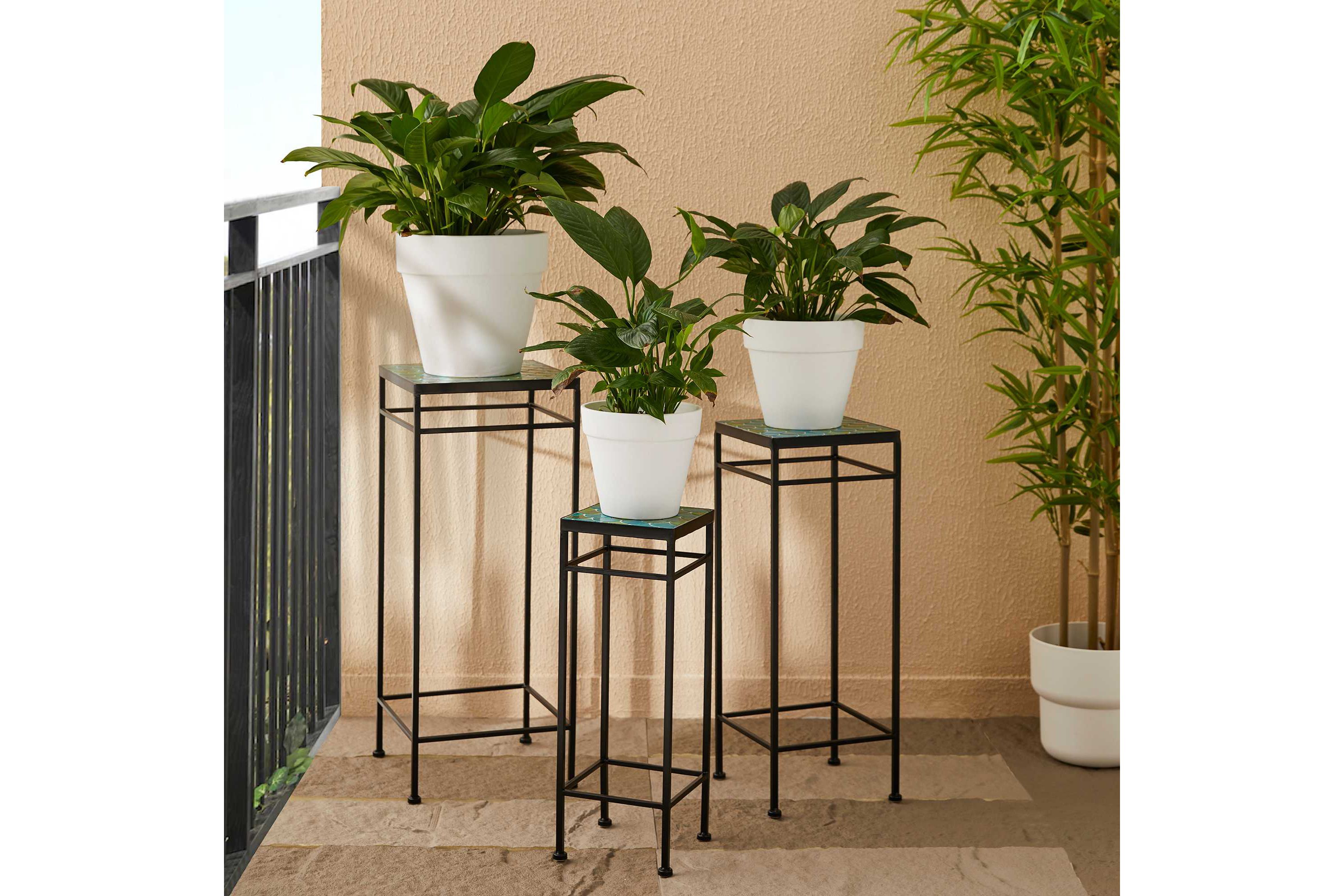 27.25"/24"/20" H Set of 3 Sqaure Nesting Planter Stands with Green Pattern Ceramic Tiles Table TopL: 11.00L * 11.00W *27.25HM: 9.00L * 9.00W *24.00HS: 7.00L * 7.00W *20.00HWeight Capacity: L/M/S: 22LBS/17LBS/11LBS