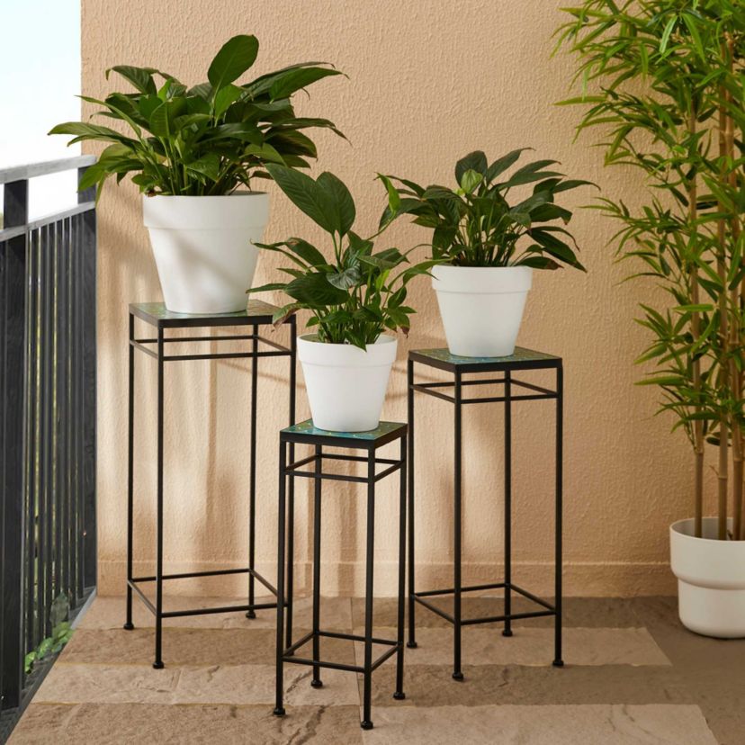 27.25"/24"/20" H Set of 3 Sqaure Nesting Planter Stands with Green Pattern Ceramic Tiles Table TopL: 11.00L * 11.00W *27.25HM: 9.00L * 9.00W *24.00HS: 7.00L * 7.00W *20.00HWeight Capacity: L/M/S: 22LBS/17LBS/11LBS