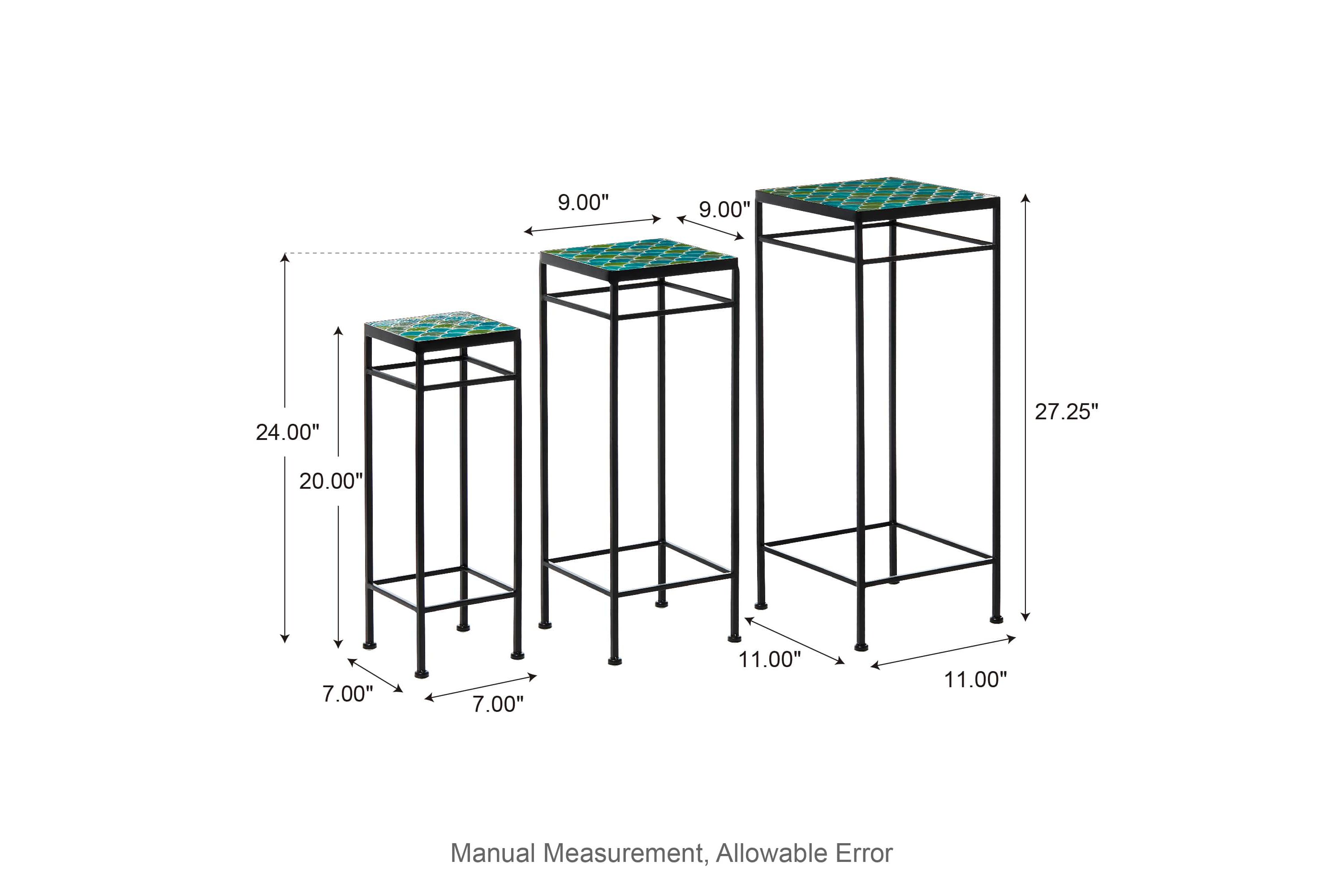 27.25"/24"/20" H Set of 3 Sqaure Nesting Planter Stands with Green Pattern Ceramic Tiles Table TopL: 11.00L * 11.00W *27.25HM: 9.00L * 9.00W *24.00HS: 7.00L * 7.00W *20.00HWeight Capacity: L/M/S: 22LBS/17LBS/11LBS