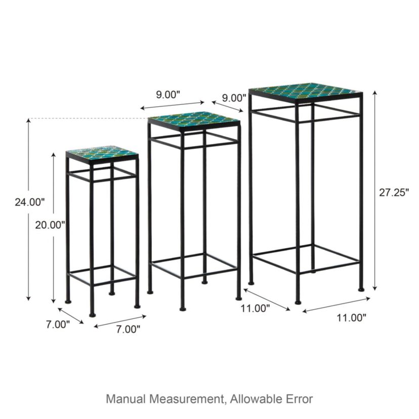 27.25"/24"/20" H Set of 3 Sqaure Nesting Planter Stands with Green Pattern Ceramic Tiles Table TopL: 11.00L * 11.00W *27.25HM: 9.00L * 9.00W *24.00HS: 7.00L * 7.00W *20.00HWeight Capacity: L/M/S: 22LBS/17LBS/11LBS