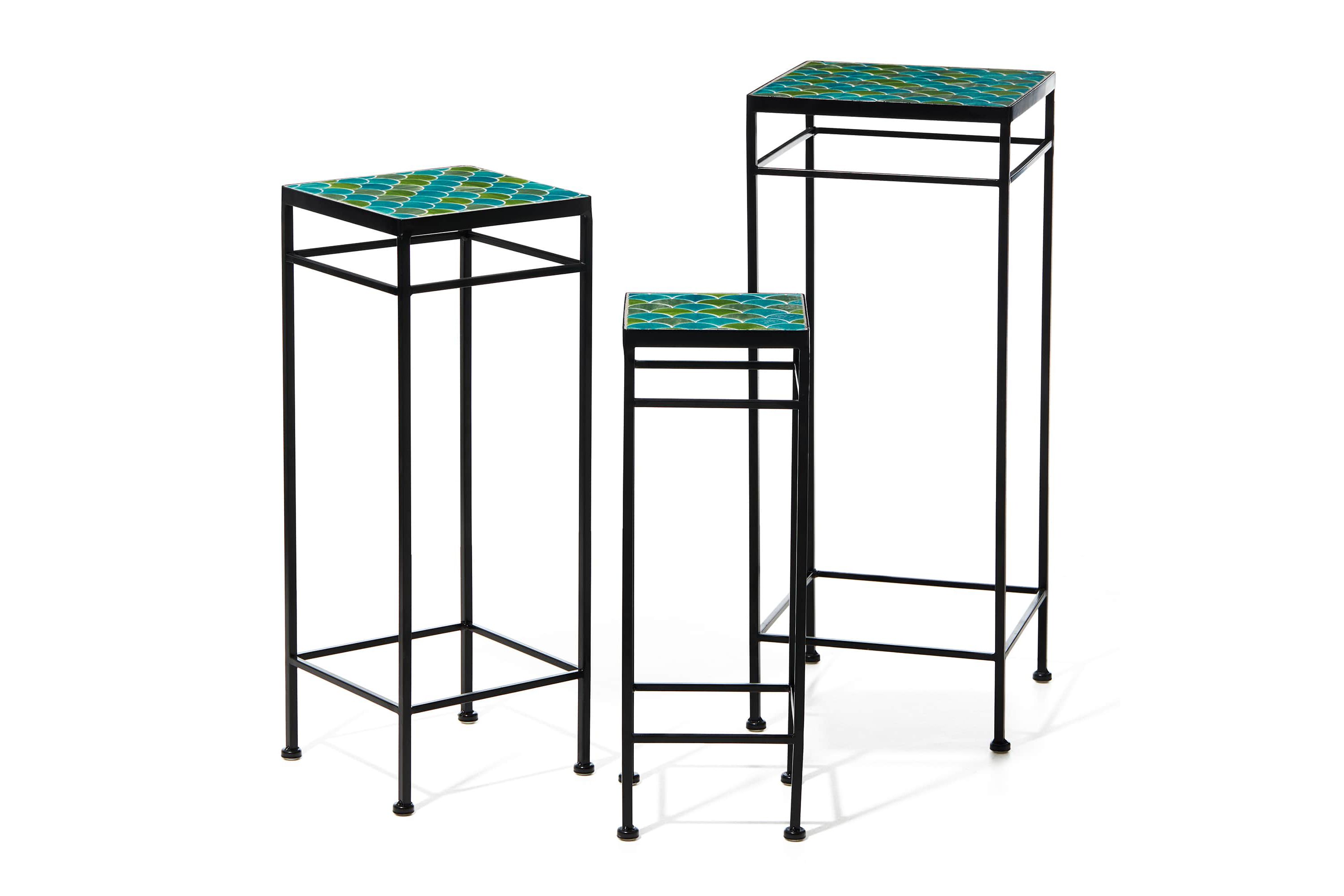 27.25"/24"/20" H Set of 3 Sqaure Nesting Planter Stands with Green Pattern Ceramic Tiles Table TopL: 11.00L * 11.00W *27.25HM: 9.00L * 9.00W *24.00HS: 7.00L * 7.00W *20.00HWeight Capacity: L/M/S: 22LBS/17LBS/11LBS