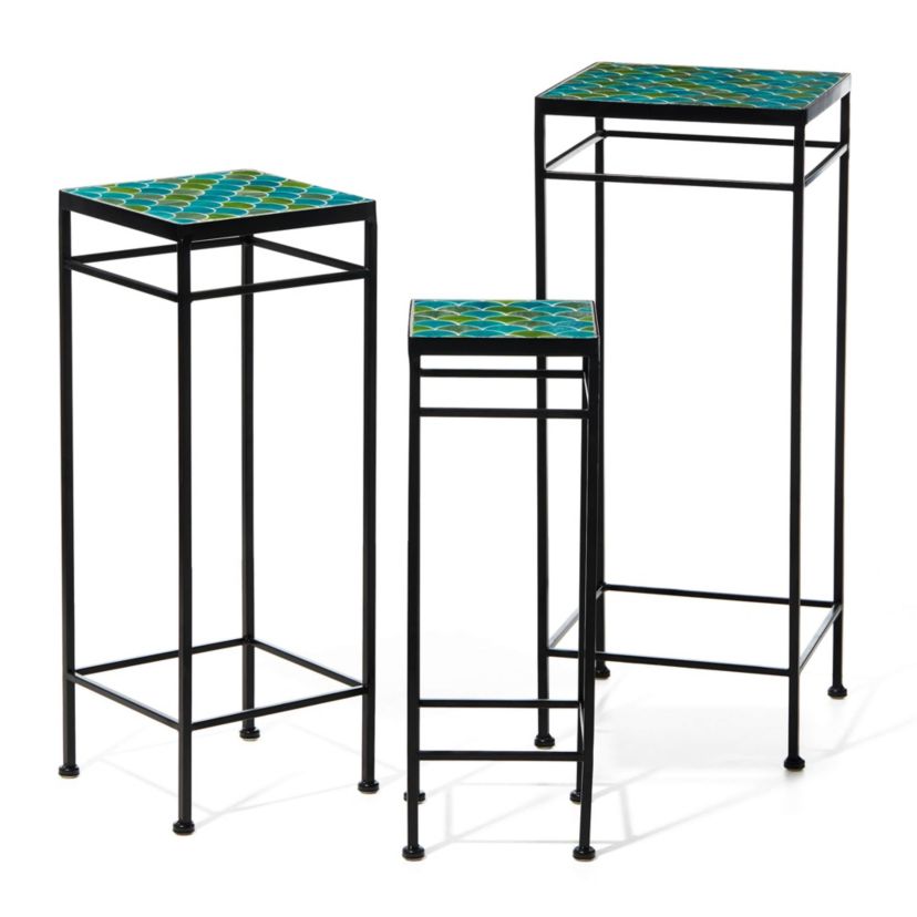 27.25"/24"/20" H Set of 3 Sqaure Nesting Planter Stands with Green Pattern Ceramic Tiles Table TopL: 11.00L * 11.00W *27.25HM: 9.00L * 9.00W *24.00HS: 7.00L * 7.00W *20.00HWeight Capacity: L/M/S: 22LBS/17LBS/11LBS