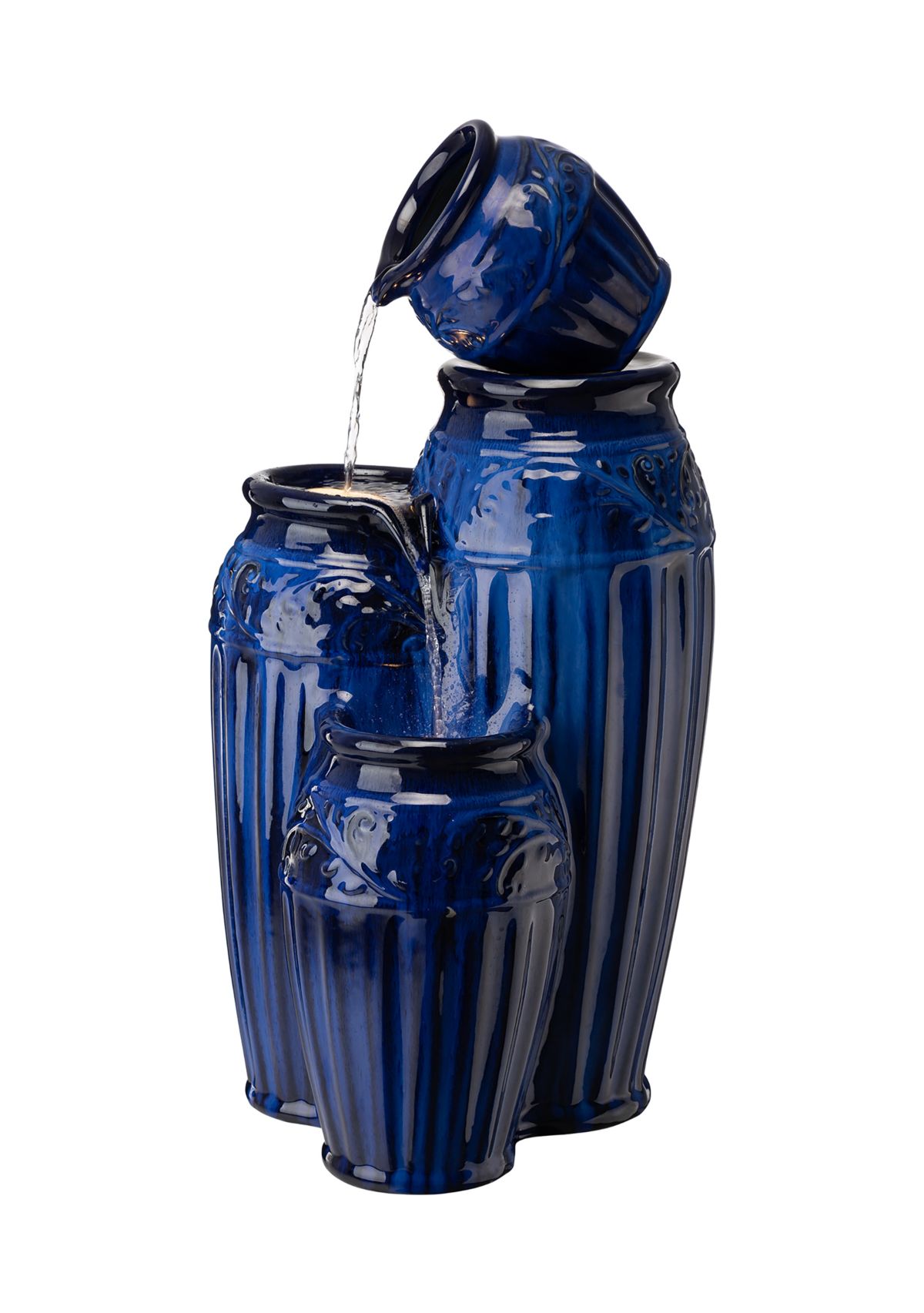 27.25 Inch 4 Tier Cobalt Blue Embossed Pattern Ceramic Pots LED Fountain