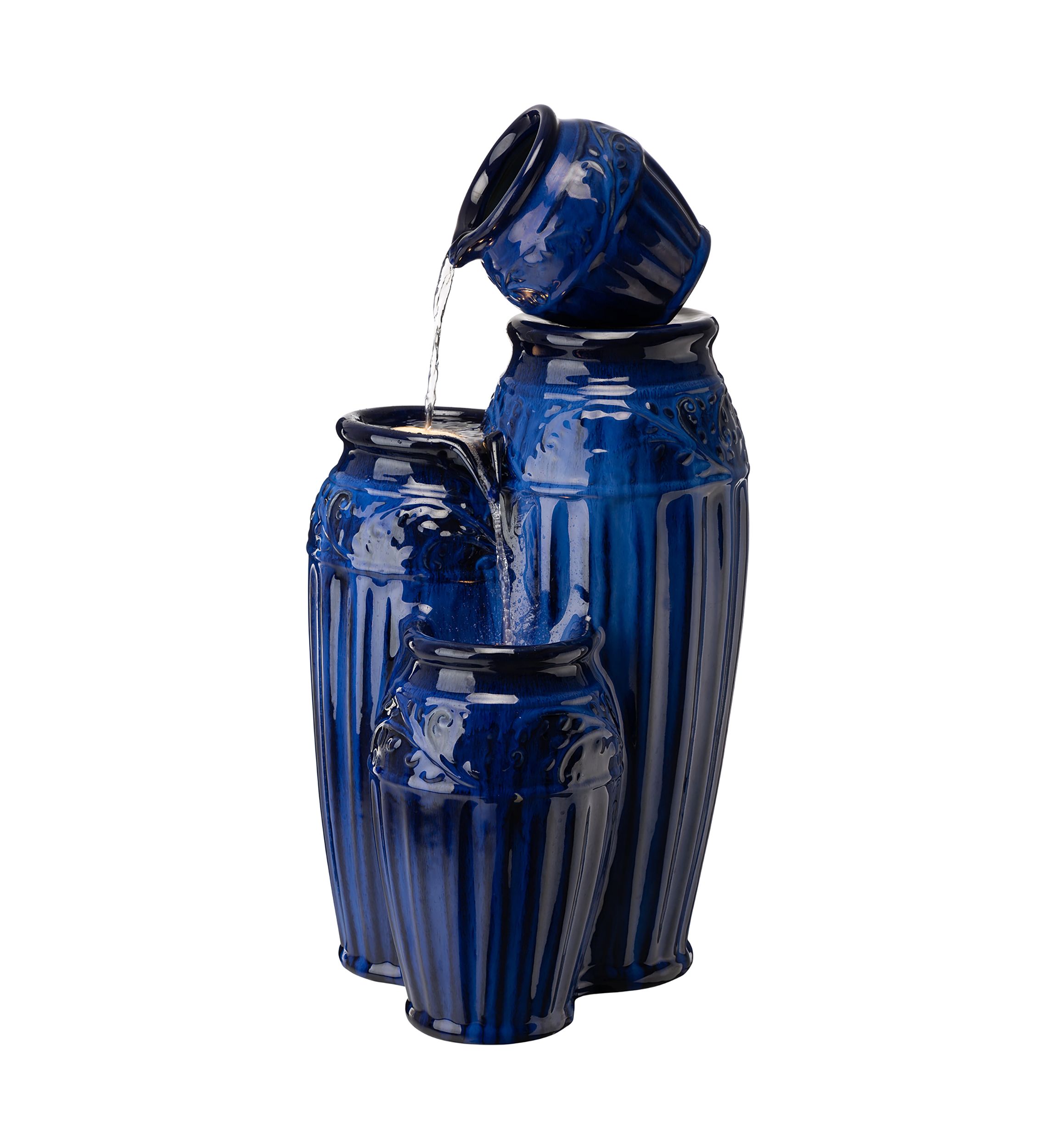 27.25 Inch 4 Tier Cobalt Blue Embossed Pattern Ceramic Pots LED Fountain