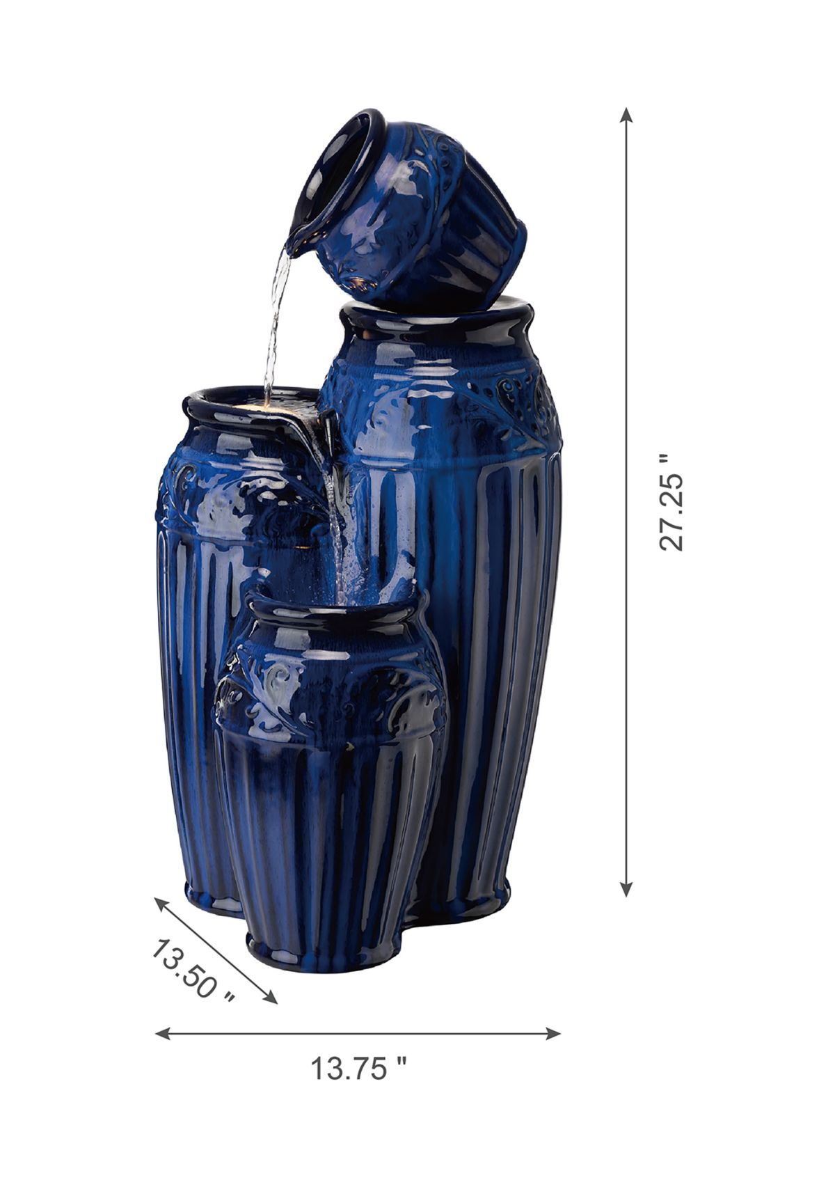27.25 Inch 4 Tier Cobalt Blue Embossed Pattern Ceramic Pots LED Fountain