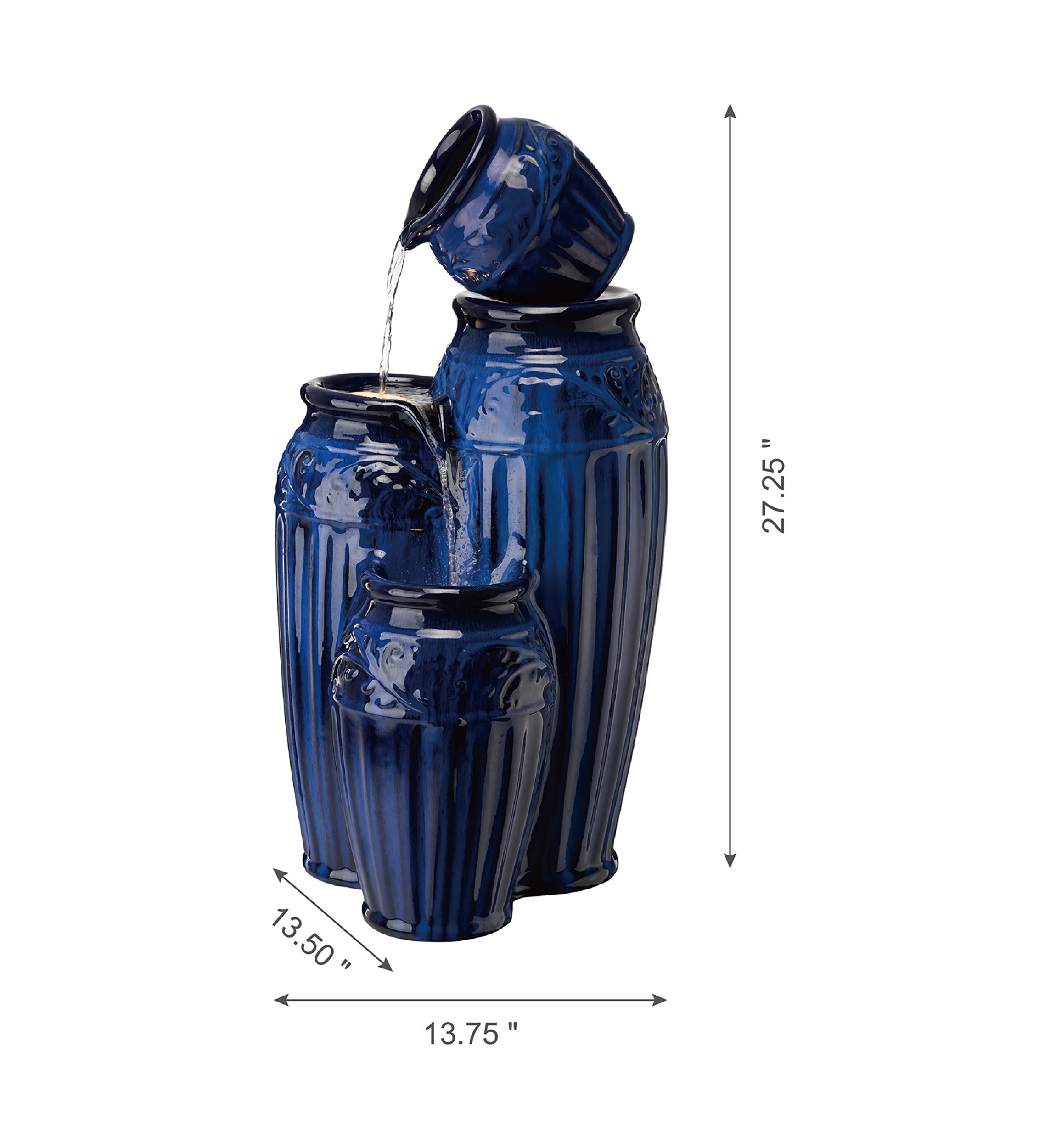 27.25 Inch 4 Tier Cobalt Blue Embossed Pattern Ceramic Pots LED Fountain