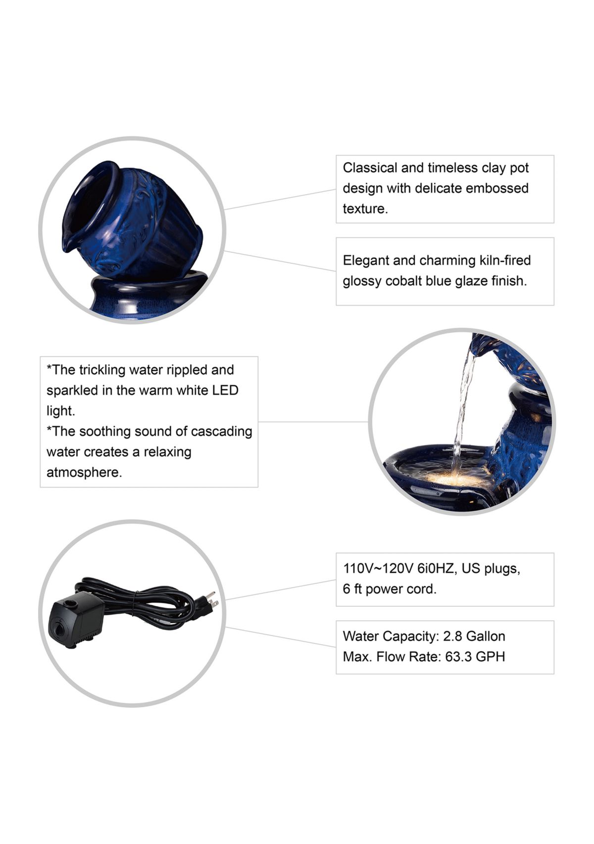 27.25 Inch 4 Tier Cobalt Blue Embossed Pattern Ceramic Pots LED Fountain