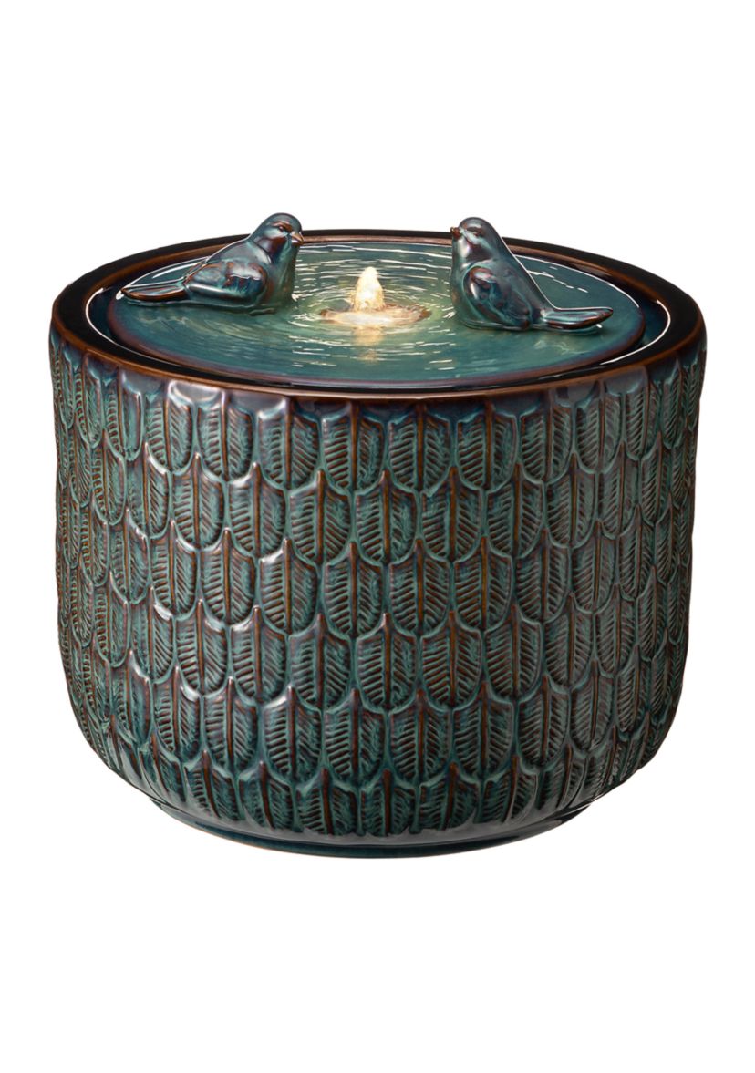 14.75 Inch Turquoise Two Birds Embossed Leaf Pattern Cylindrical Ceramic LED Fountain