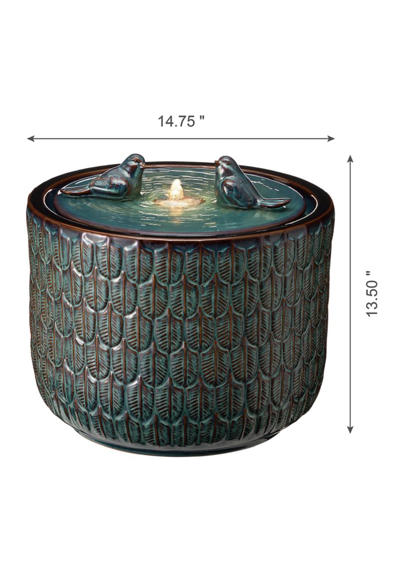 14.75 Inch Turquoise Two Birds Embossed Leaf Pattern Cylindrical Ceramic LED Fountain