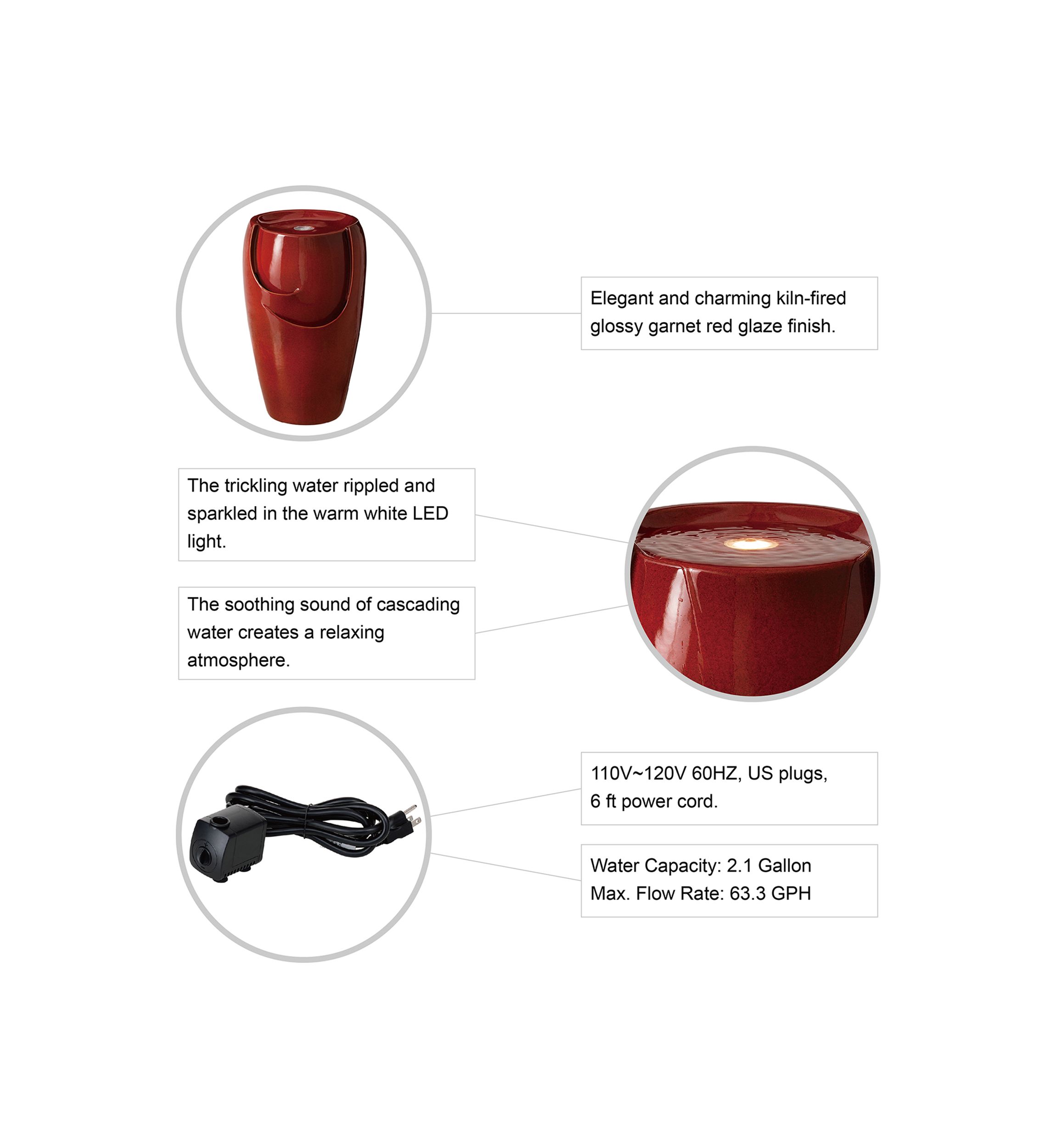 21.25 Inch Red Ceramic Pot LED Fountain