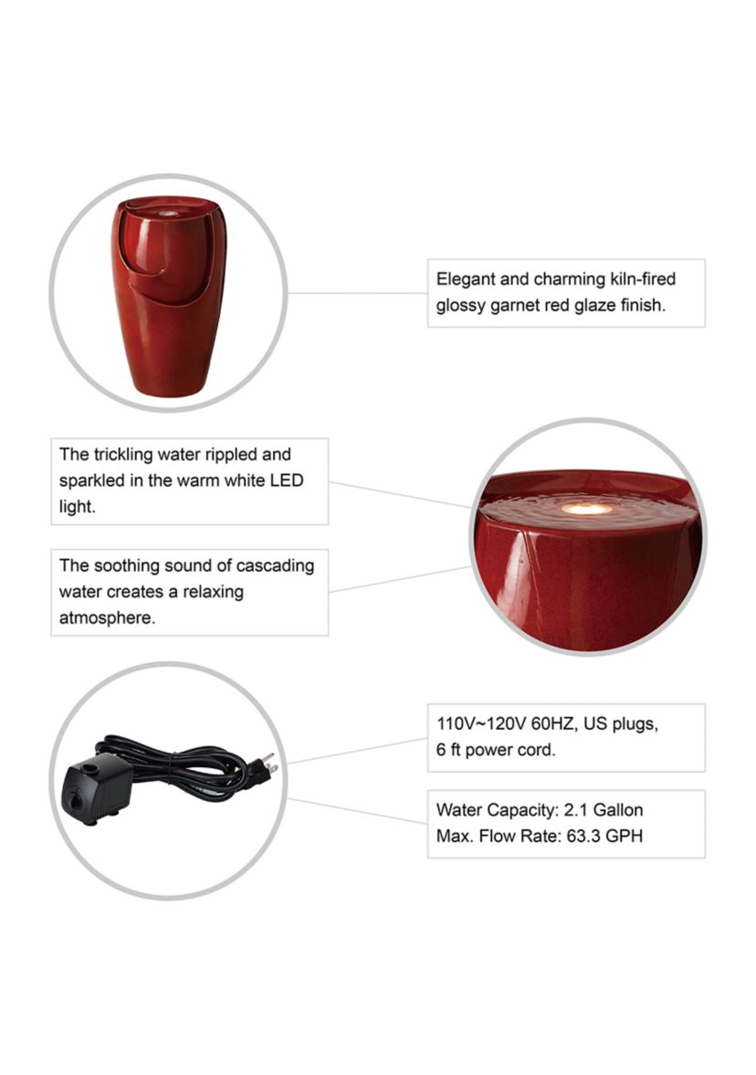 21.25 Inch Red Ceramic Pot LED Fountain