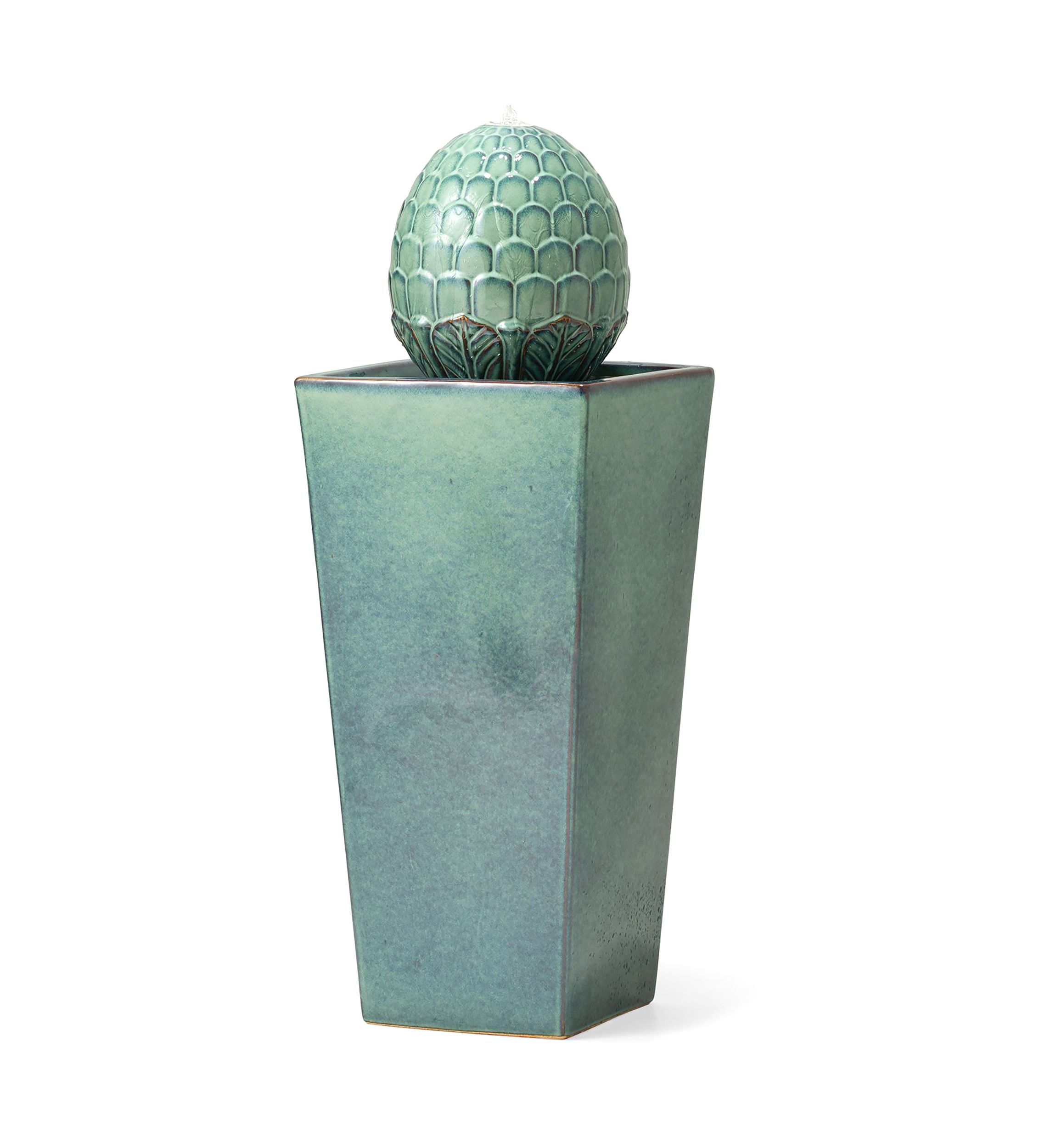 Oversized Turquoise Artichoke Pedestal Ceramic Fountain with Pump and LED Light