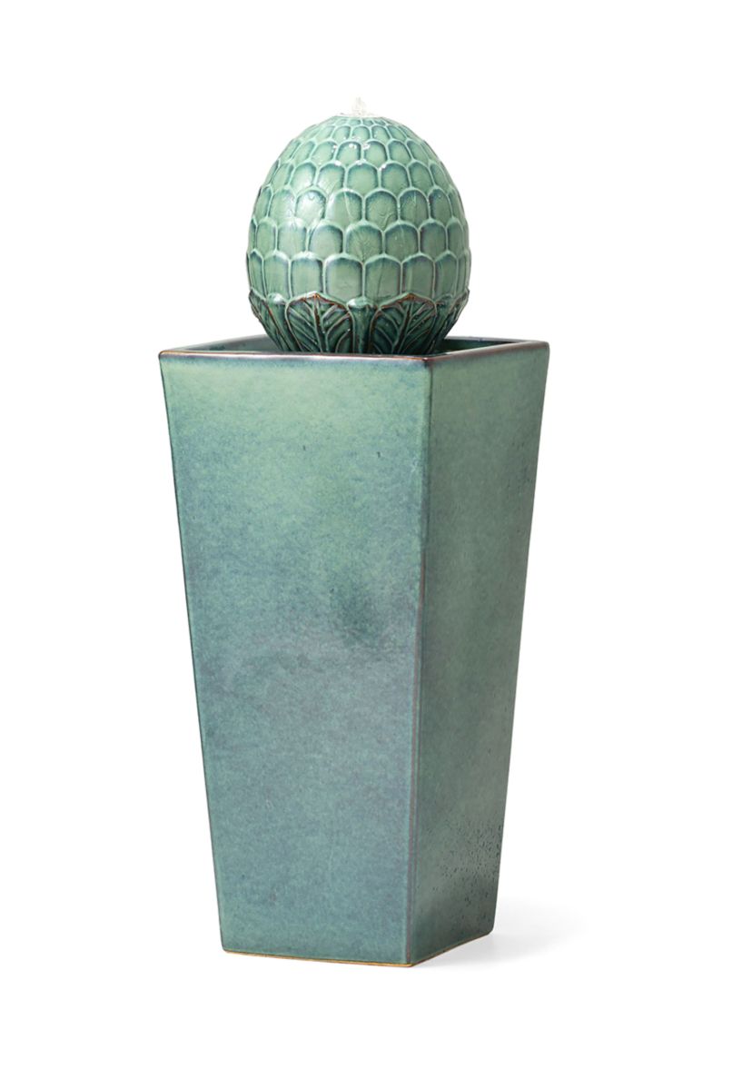 Oversized Turquoise Artichoke Pedestal Ceramic Fountain with Pump and LED Light
