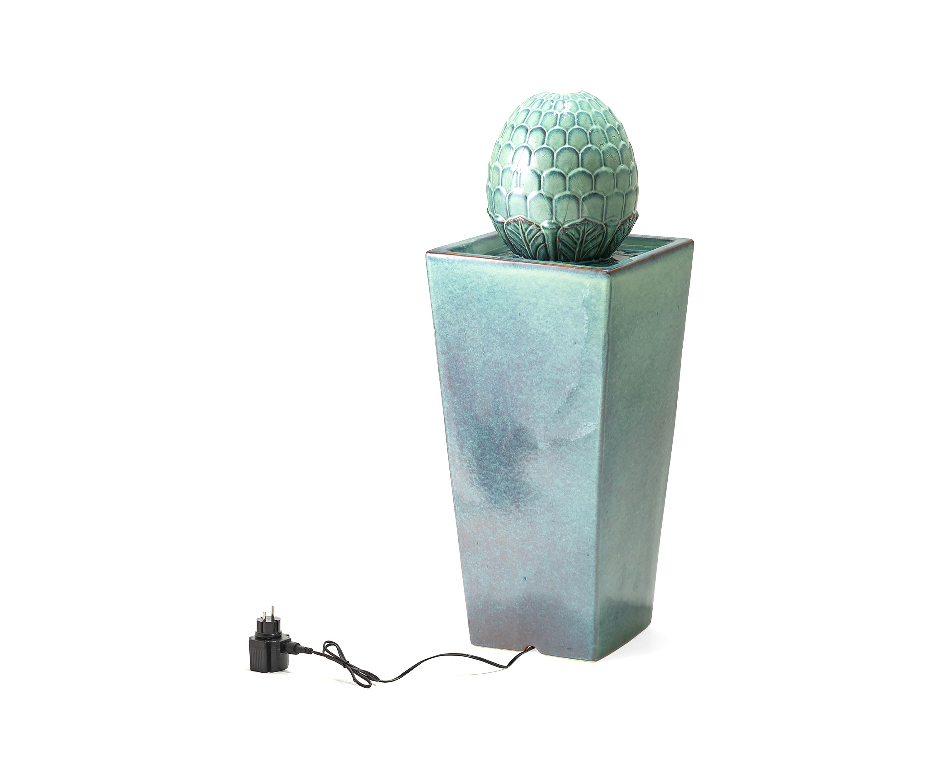 Oversized Turquoise Artichoke Pedestal Ceramic Fountain with Pump and LED Light