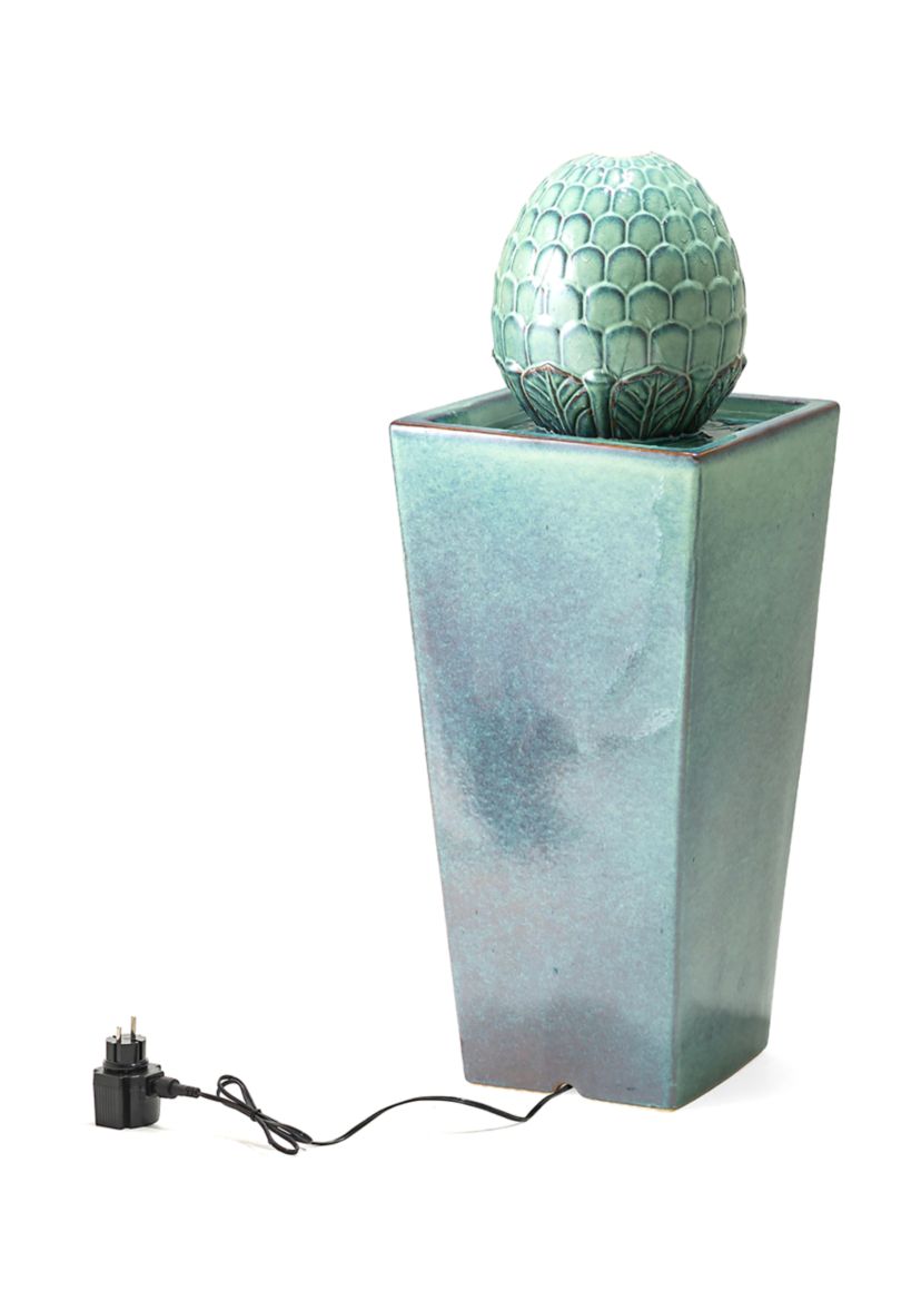 Oversized Turquoise Artichoke Pedestal Ceramic Fountain with Pump and LED Light