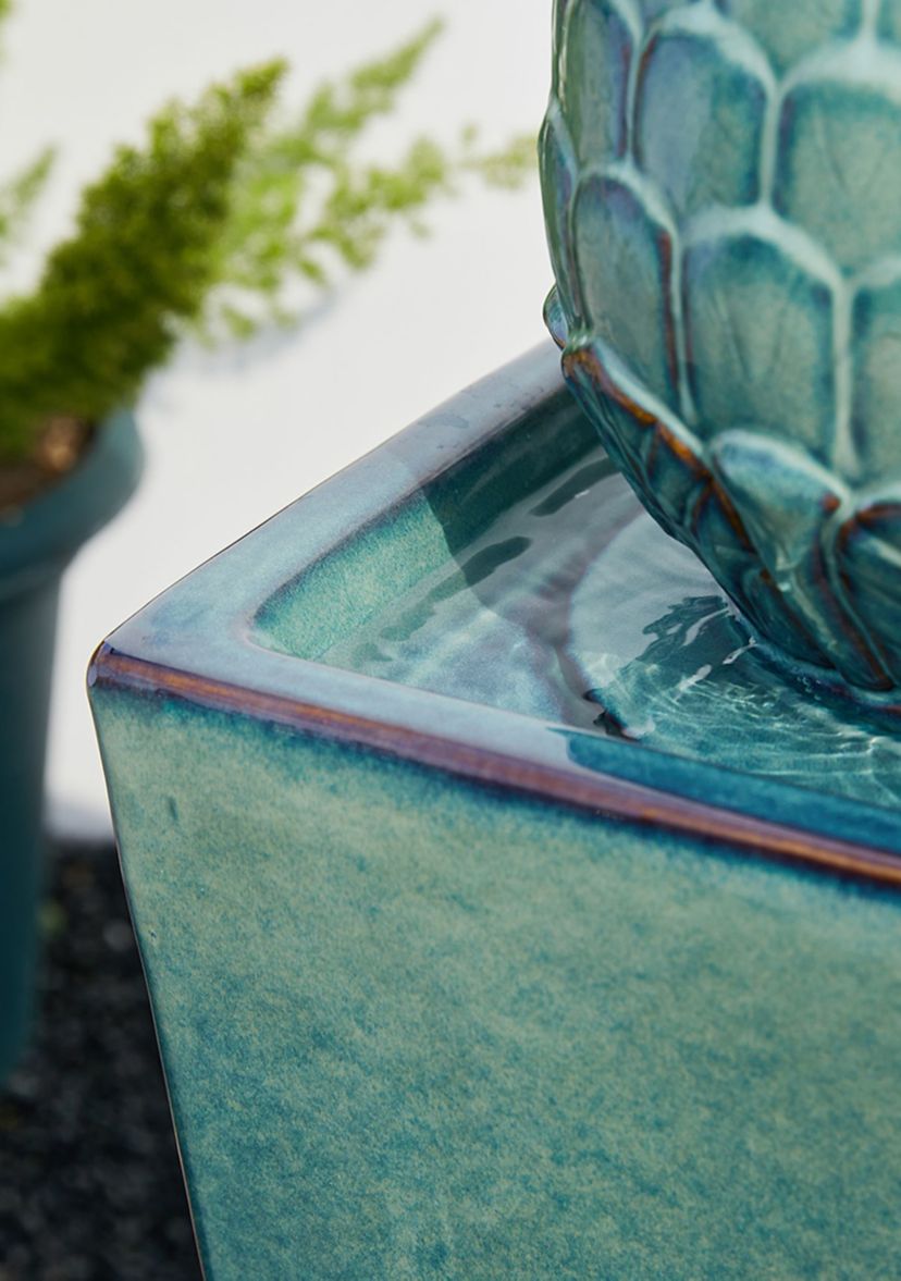 Oversized Turquoise Artichoke Pedestal Ceramic Fountain with Pump and LED Light