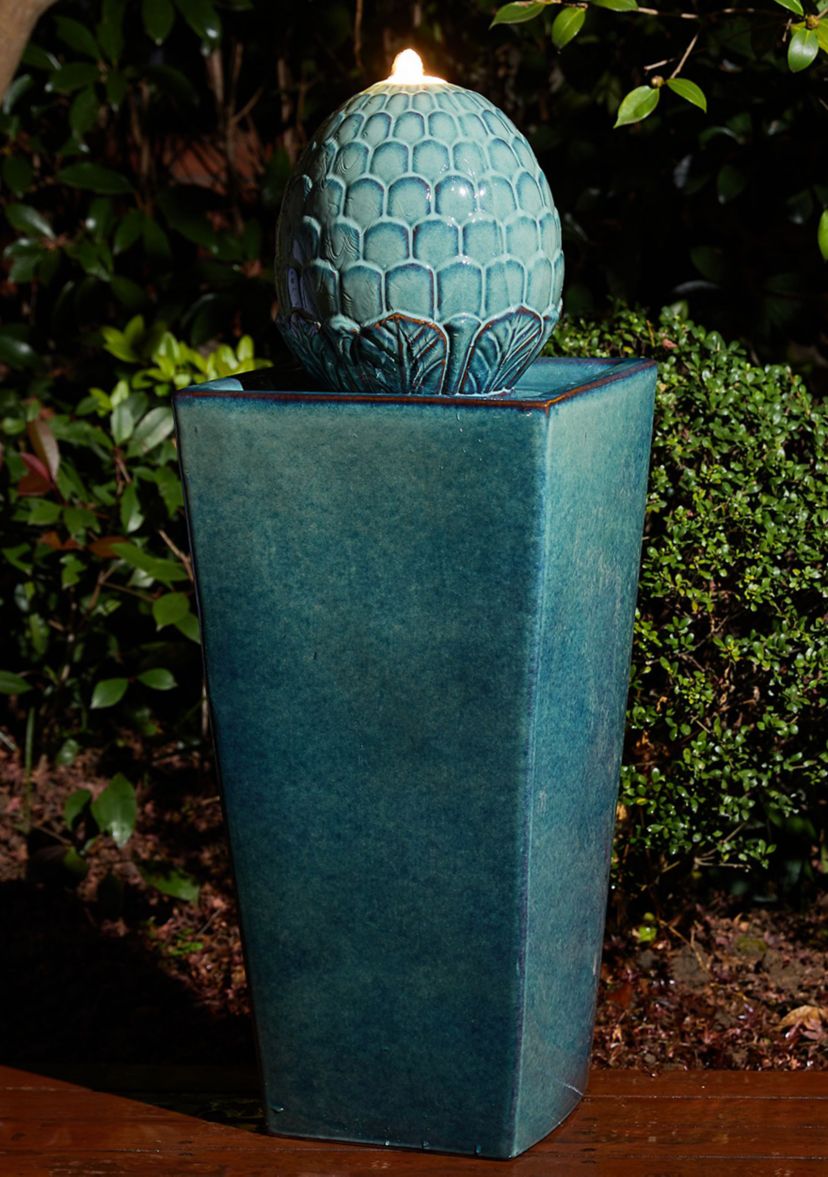 Oversized Turquoise Artichoke Pedestal Ceramic Fountain with Pump and LED Light