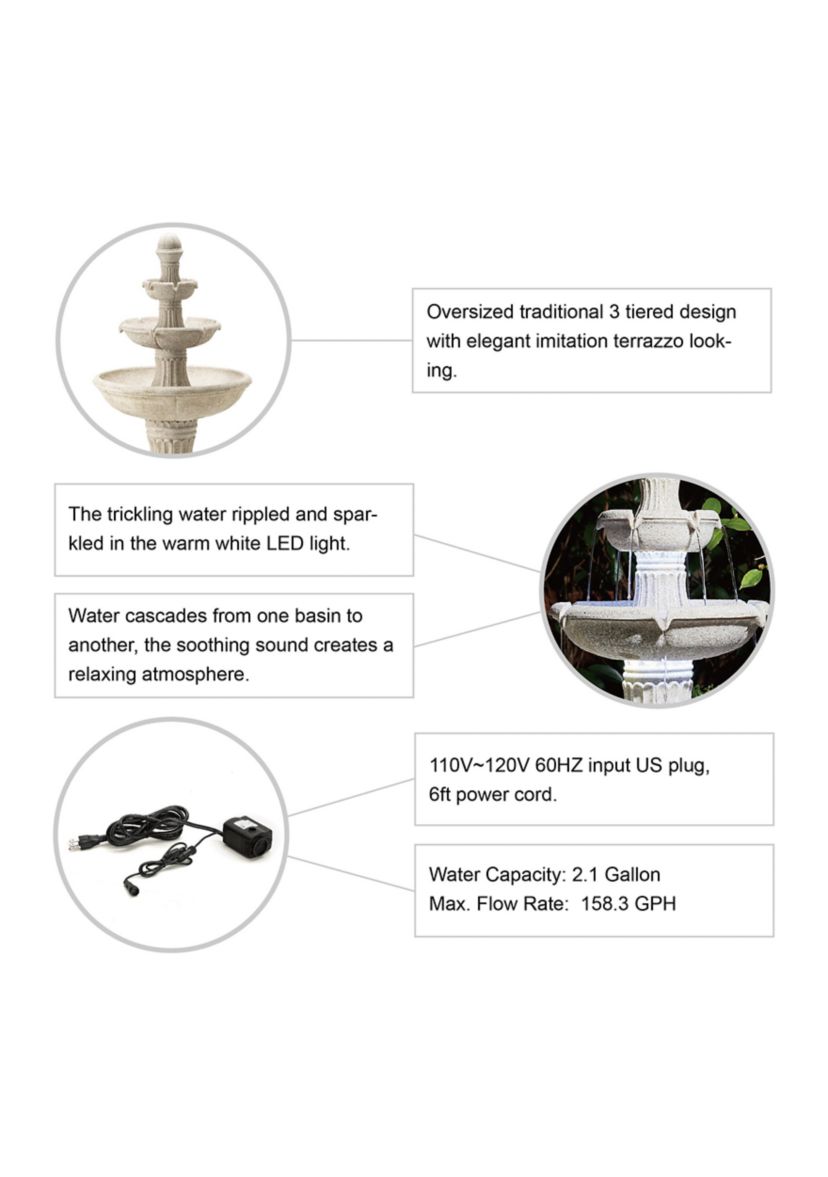 Oversized Terrazzo Resin 3-Tier Outdoor Fountain with Pump and Light