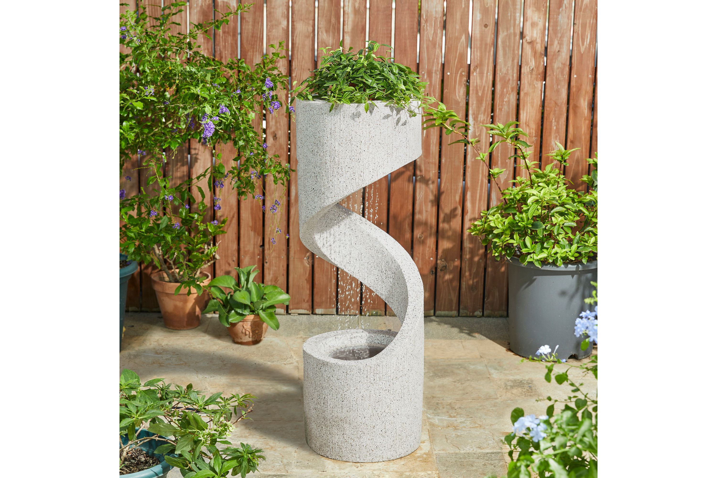 40.25"H Mid Century Modern Oversized Faux Terrazzo Spiral Shaped Polyresin Outdoor Fountain with Pump and LED Light (KD)