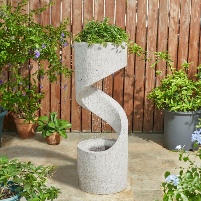 40.25"H Mid Century Modern Oversized Faux Terrazzo Spiral Shaped Polyresin Outdoor Fountain with Pump and LED Light (KD)