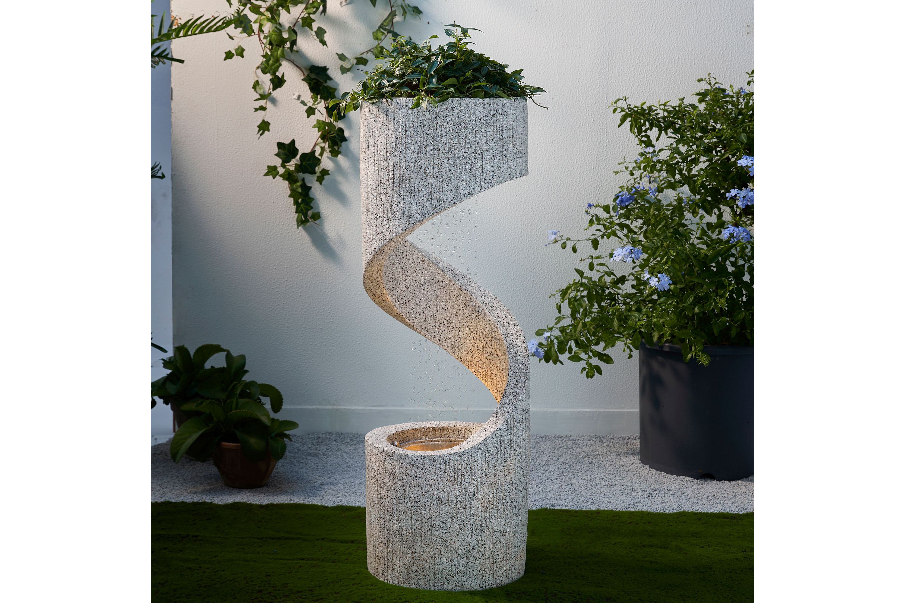 40.25"H Mid Century Modern Oversized Faux Terrazzo Spiral Shaped Polyresin Outdoor Fountain with Pump and LED Light (KD)