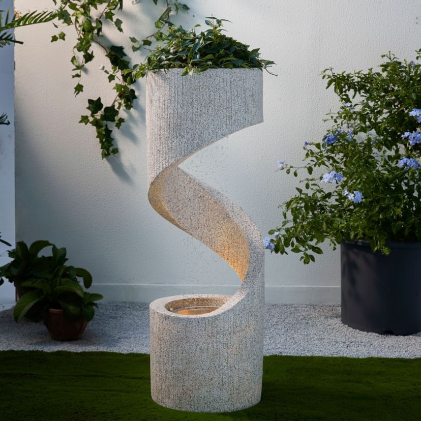 40.25"H Mid Century Modern Oversized Faux Terrazzo Spiral Shaped Polyresin Outdoor Fountain with Pump and LED Light (KD)