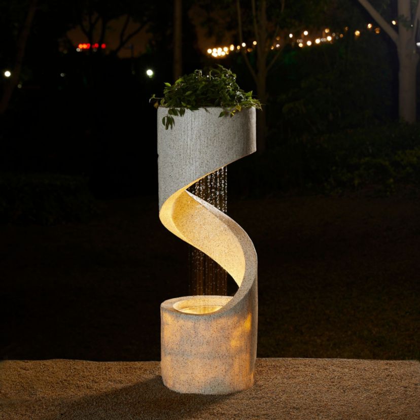 40.25"H Mid Century Modern Oversized Faux Terrazzo Spiral Shaped Polyresin Outdoor Fountain with Pump and LED Light (KD)