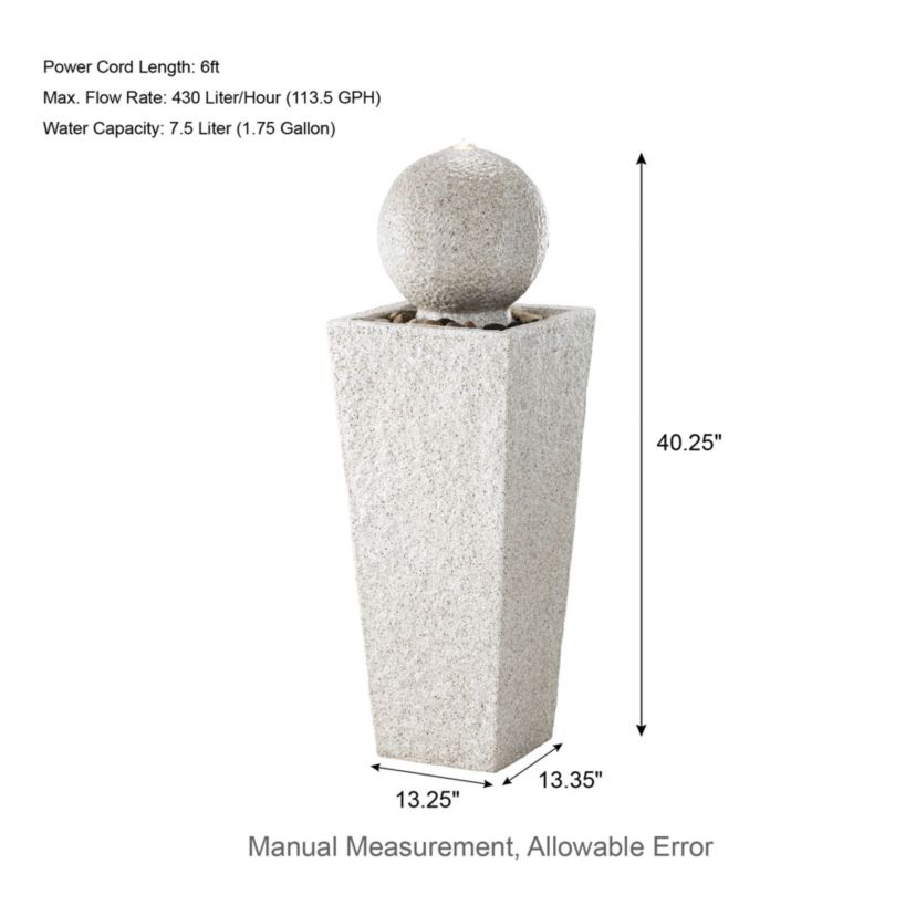 40.25"H Modern Oversized Faux Terrazzo Geometric Pedestal and Sphere Polyresin Outdoor Fountain with Pump and LED Light (KD)