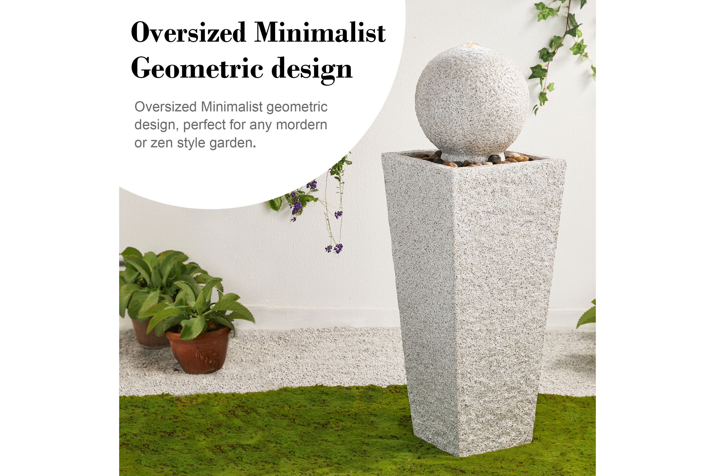 40.25"H Modern Oversized Faux Terrazzo Geometric Pedestal and Sphere Polyresin Outdoor Fountain with Pump and LED Light (KD)