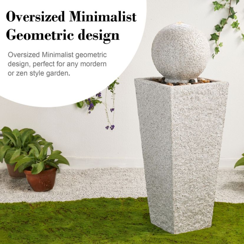 40.25"H Modern Oversized Faux Terrazzo Geometric Pedestal and Sphere Polyresin Outdoor Fountain with Pump and LED Light (KD)