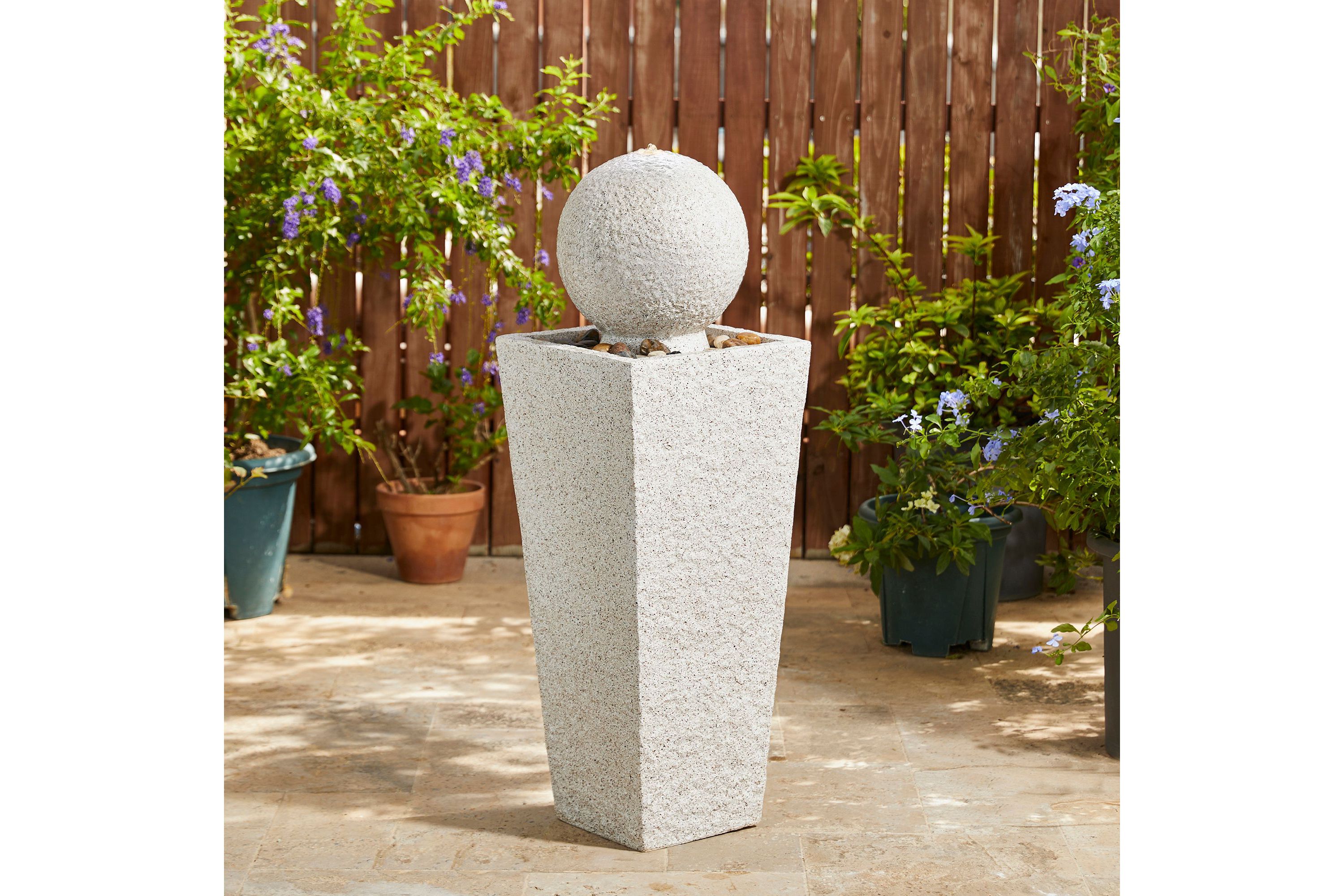 40.25"H Modern Oversized Faux Terrazzo Geometric Pedestal and Sphere Polyresin Outdoor Fountain with Pump and LED Light (KD)