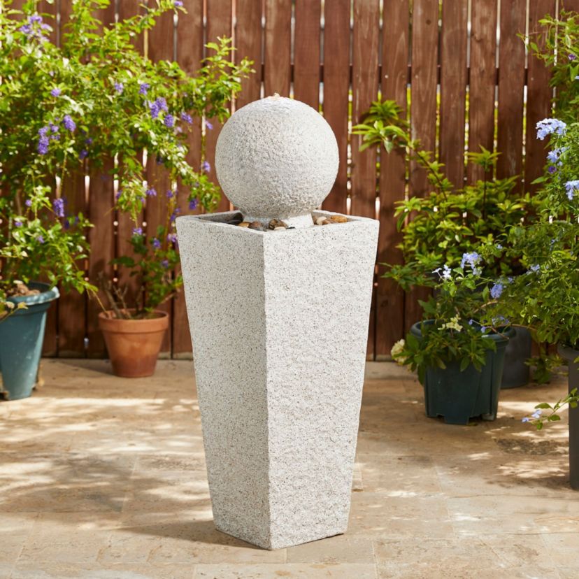 40.25"H Modern Oversized Faux Terrazzo Geometric Pedestal and Sphere Polyresin Outdoor Fountain with Pump and LED Light (KD)