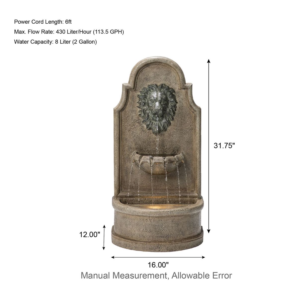 31.75H European Style 3-Tier Oversized Faux Granite Lion Head Polyresin Outdoor Fountain  with Pump and LED Light (KD)