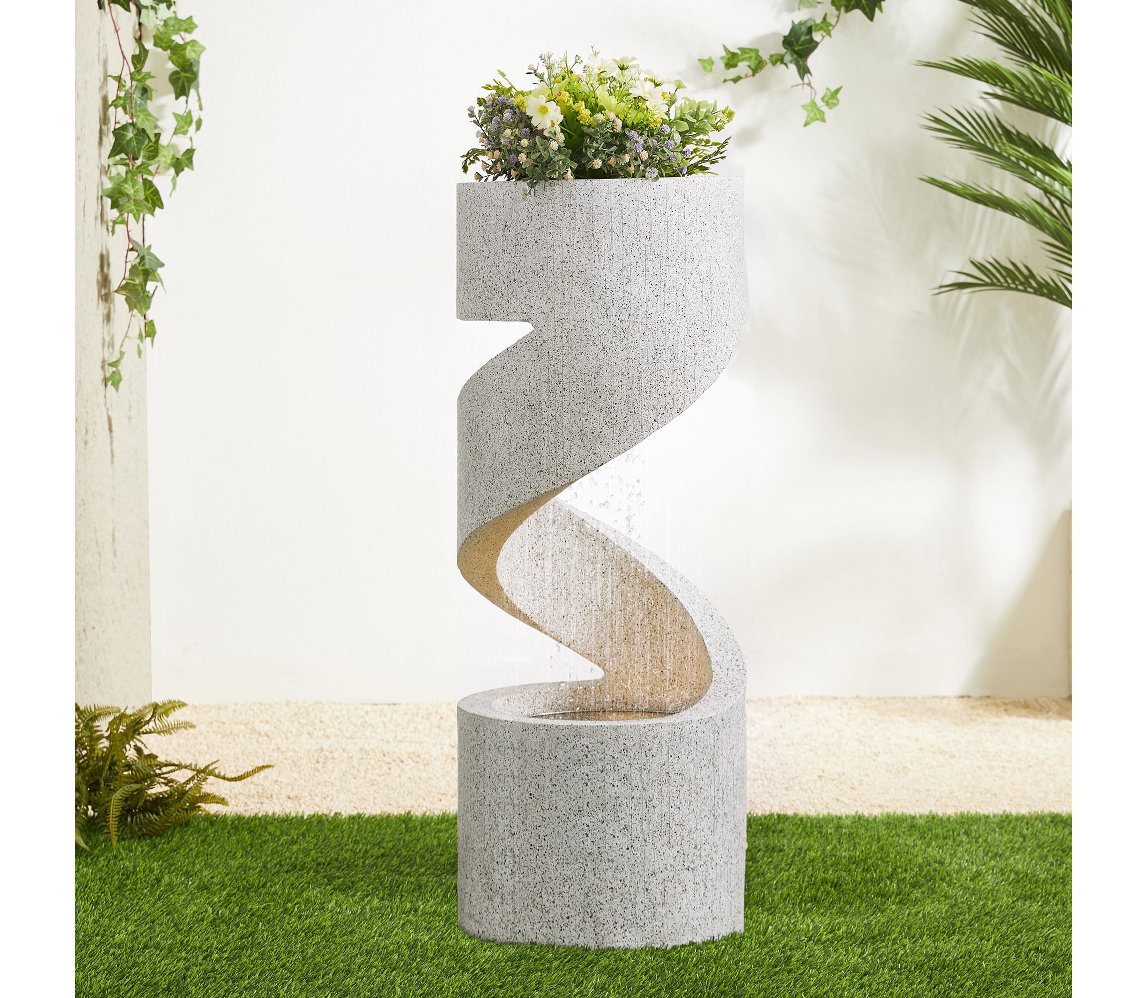31.25"H Mid-Century Modern Faux Terrazzo Spiral Shaped Polyresin Outdoor Fountain with Pump and LED Light (KD)