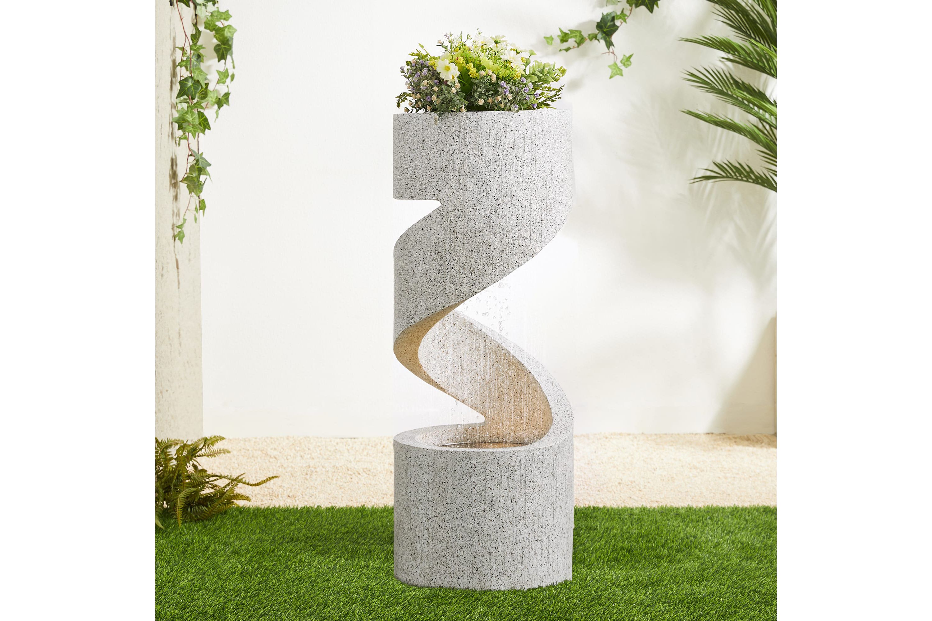 31.25"H Mid-Century Modern Faux Terrazzo Spiral Shaped Polyresin Outdoor Fountain with Pump and LED Light (KD)