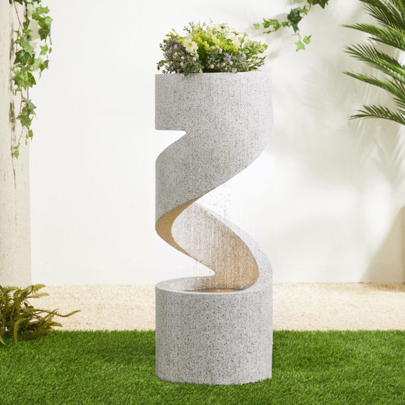 31.25"H Mid-Century Modern Faux Terrazzo Spiral Shaped Polyresin Outdoor Fountain with Pump and LED Light (KD)