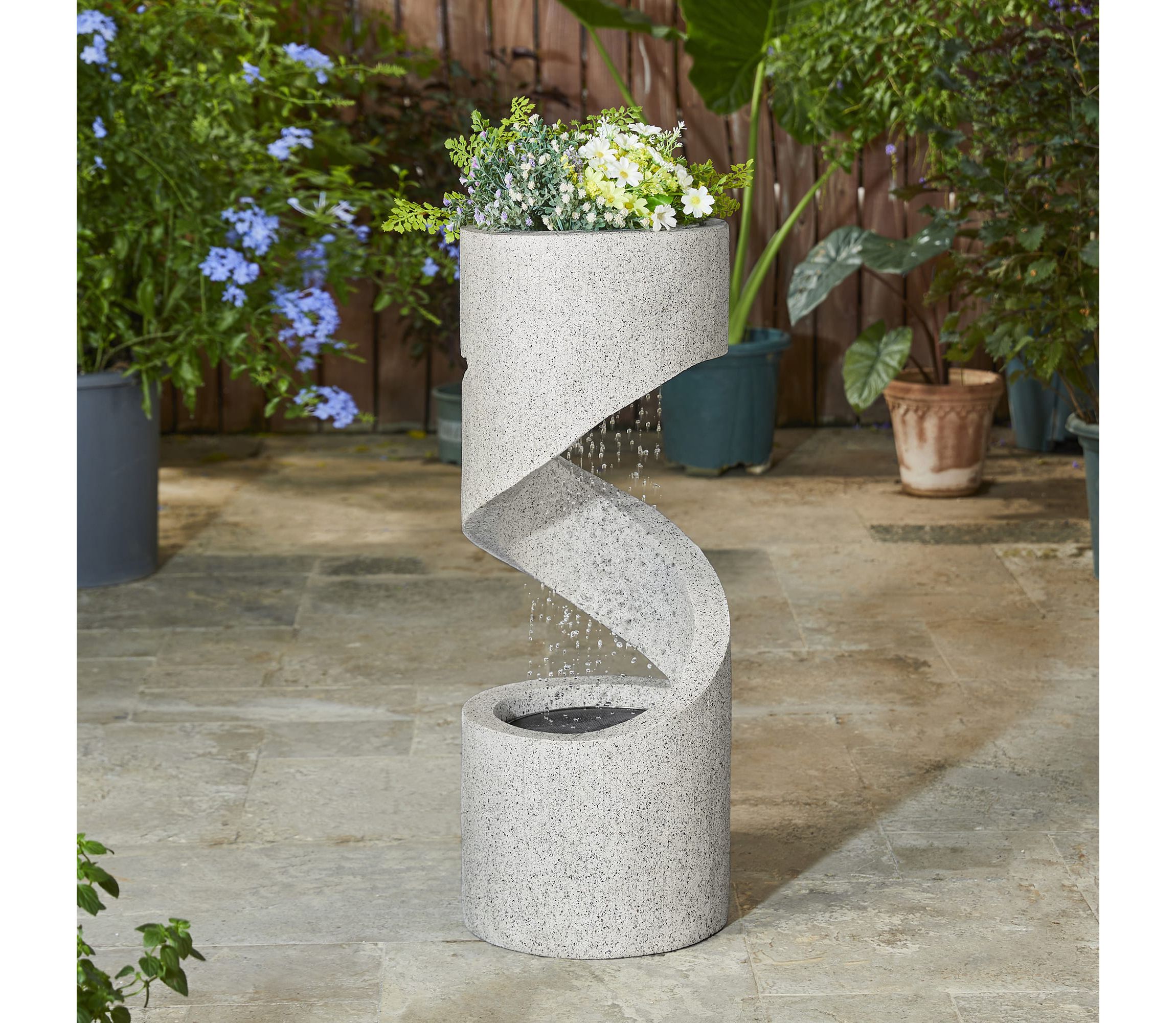 31.25"H Mid-Century Modern Faux Terrazzo Spiral Shaped Polyresin Outdoor Fountain with Pump and LED Light (KD)