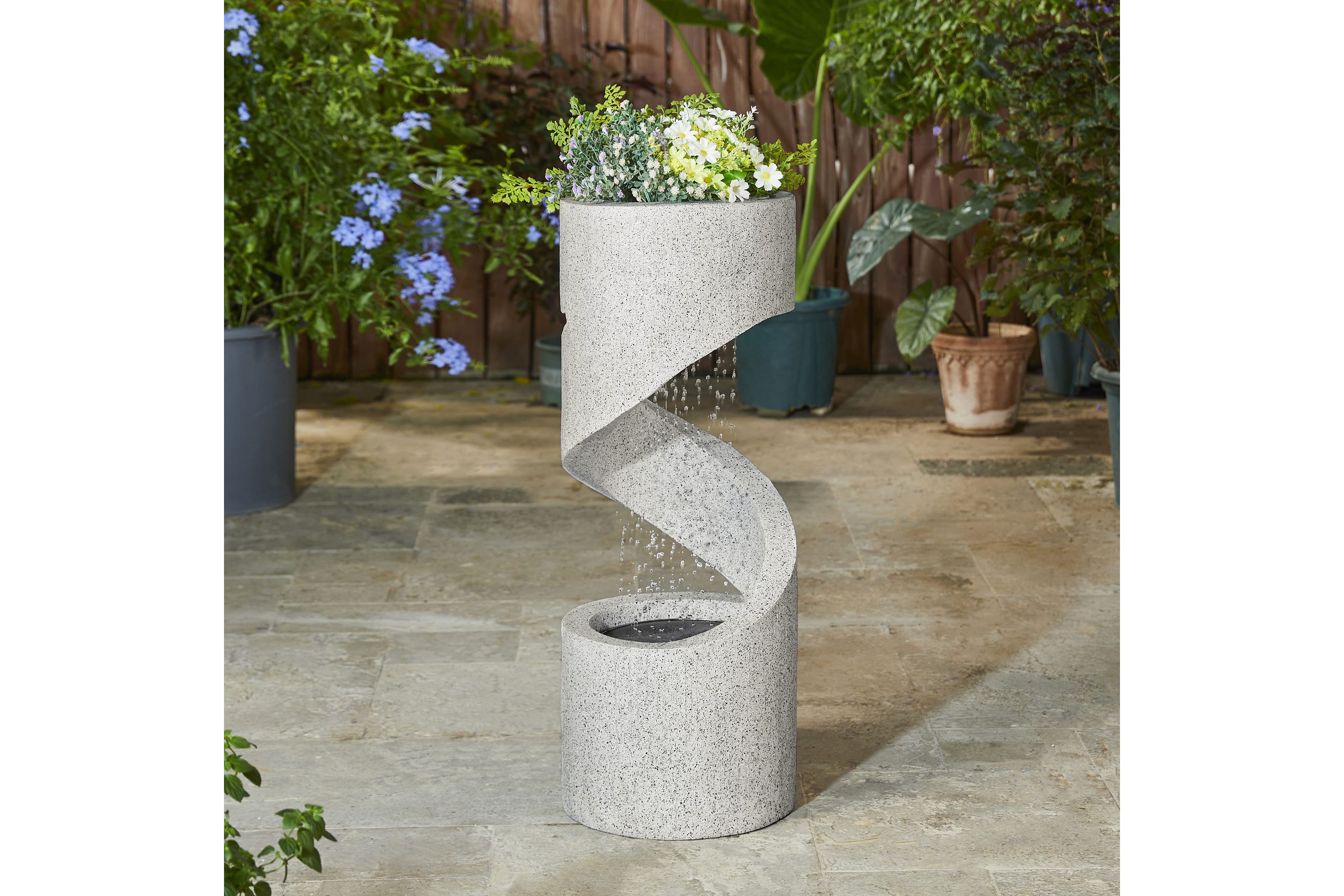 31.25"H Mid-Century Modern Faux Terrazzo Spiral Shaped Polyresin Outdoor Fountain with Pump and LED Light (KD)
