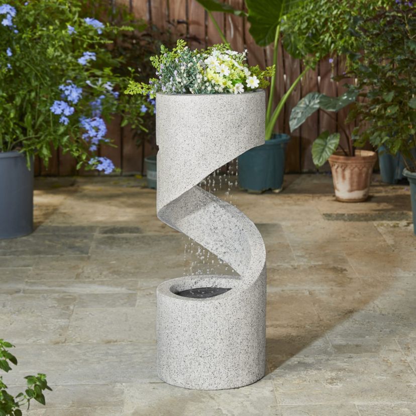 31.25"H Mid-Century Modern Faux Terrazzo Spiral Shaped Polyresin Outdoor Fountain with Pump and LED Light (KD)