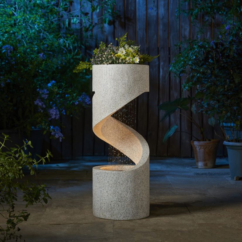 31.25"H Mid-Century Modern Faux Terrazzo Spiral Shaped Polyresin Outdoor Fountain with Pump and LED Light (KD)