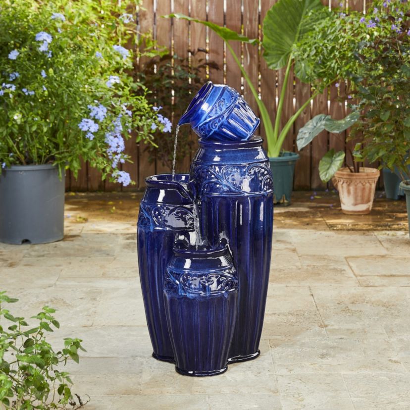 35.5"H Oversized 4-Tier Cobalt Blue Embossed Pattern Ceramic Pots Outdoor Floor Fountain with Pump and LED Light (KD)