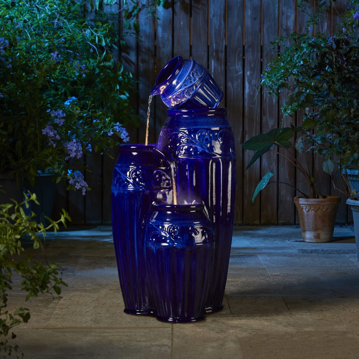 35.5"H Oversized 4-Tier Cobalt Blue Embossed Pattern Ceramic Pots Outdoor Floor Fountain with Pump and LED Light (KD)
