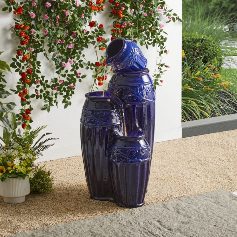 35.5"H Oversized 4-Tier Cobalt Blue Embossed Pattern Ceramic Pots Outdoor Floor Fountain with Pump and LED Light (KD)