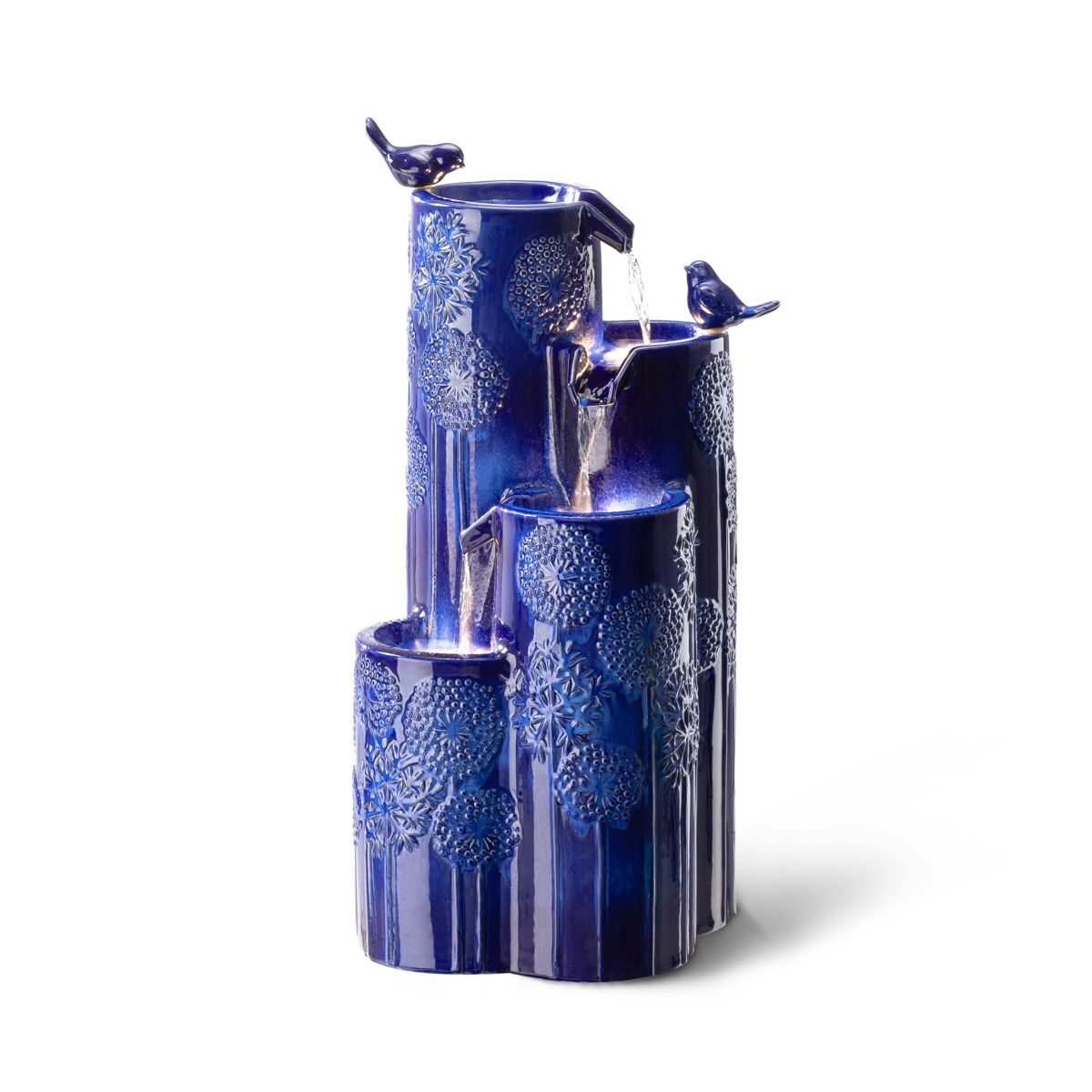 31.75"H 4-Tier Cobalt Blue Dandelion Texture Vase-Shaped Ceramic Outdoor Floor Fountain with Birds, Pump, and LED Light (KD)