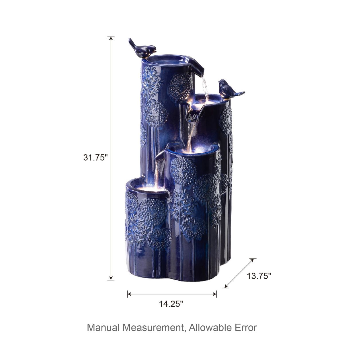 31.75"H 4-Tier Cobalt Blue Dandelion Texture Vase-Shaped Ceramic Outdoor Floor Fountain with Birds, Pump, and LED Light (KD)