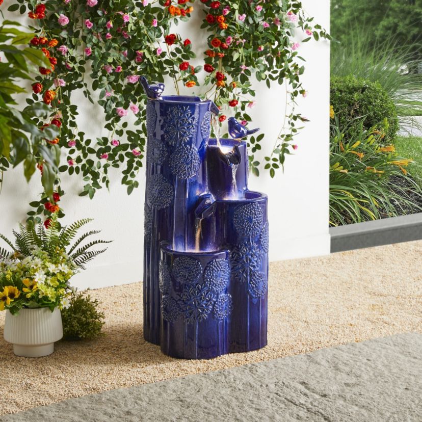 31.75"H 4-Tier Cobalt Blue Dandelion Texture Vase-Shaped Ceramic Outdoor Floor Fountain with Birds, Pump, and LED Light (KD)
