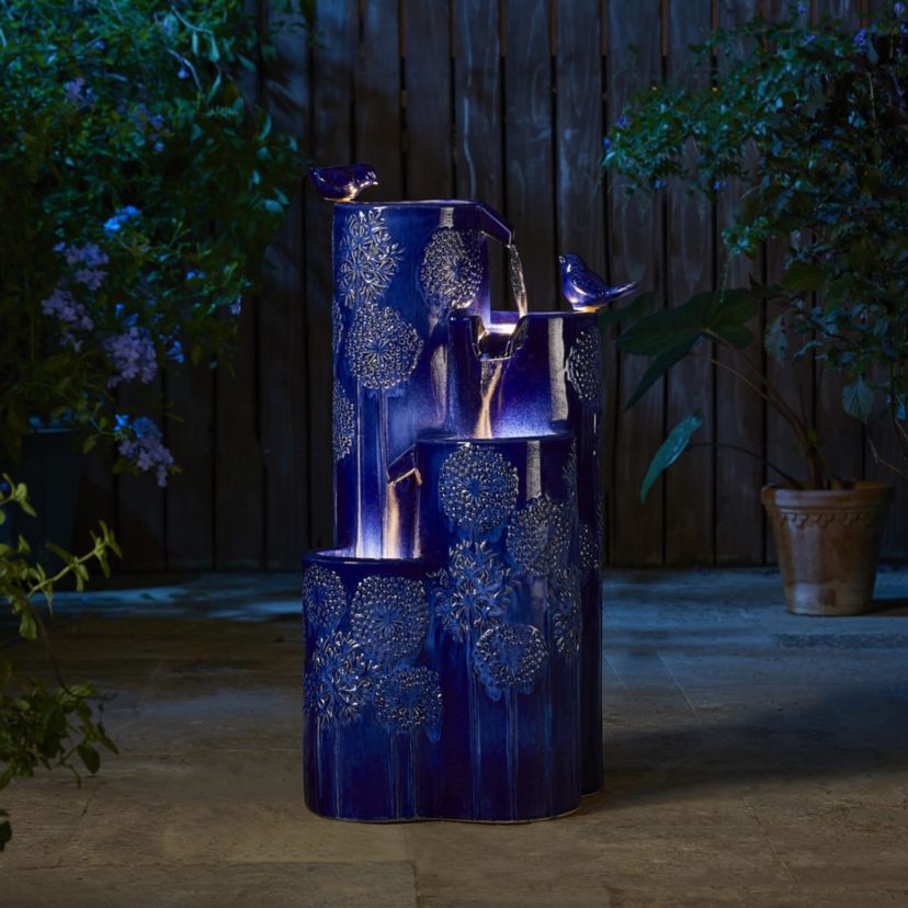 31.75"H 4-Tier Cobalt Blue Dandelion Texture Vase-Shaped Ceramic Outdoor Floor Fountain with Birds, Pump, and LED Light (KD)