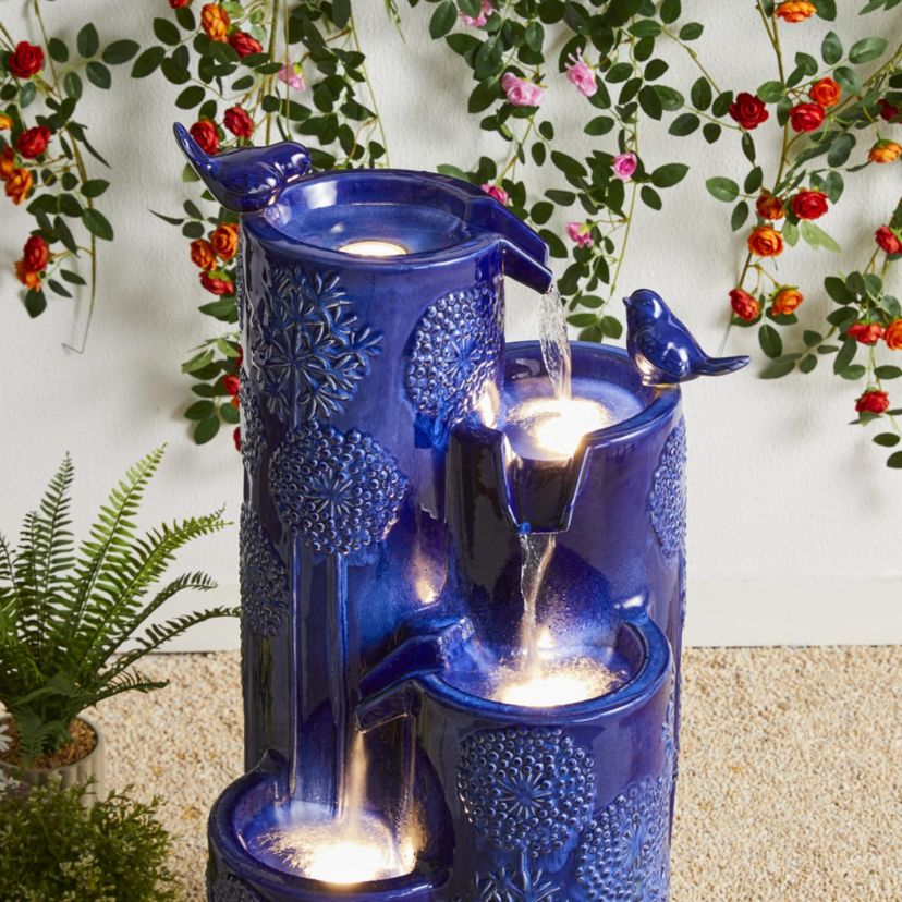31.75"H 4-Tier Cobalt Blue Dandelion Texture Vase-Shaped Ceramic Outdoor Floor Fountain with Birds, Pump, and LED Light (KD)