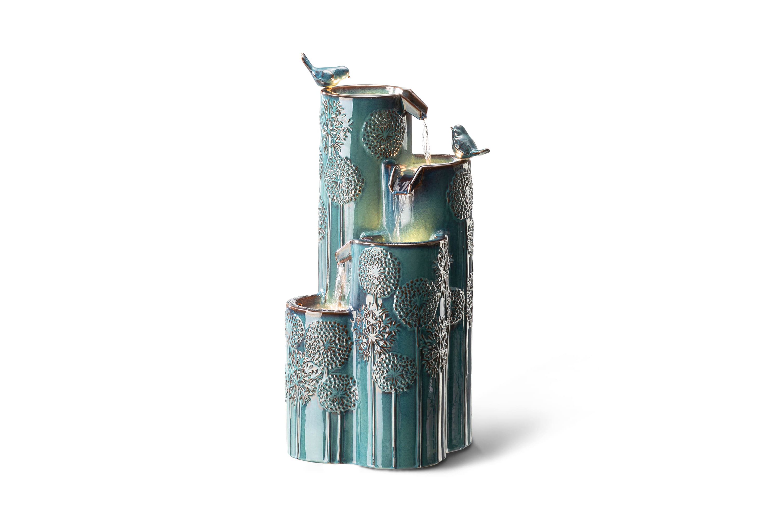 31.75"H 4-Tier Turquoise Dandelion Texture Vase-Shaped Ceramic Outdoor Floor Fountain with Birds, Pump, and LED Light (KD)