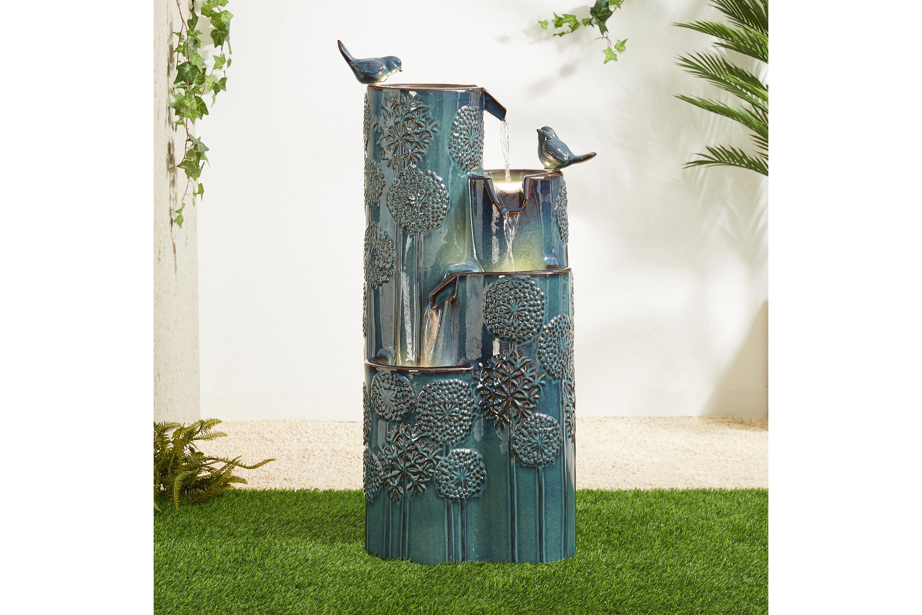31.75"H 4-Tier Turquoise Dandelion Texture Vase-Shaped Ceramic Outdoor Floor Fountain with Birds, Pump, and LED Light (KD)